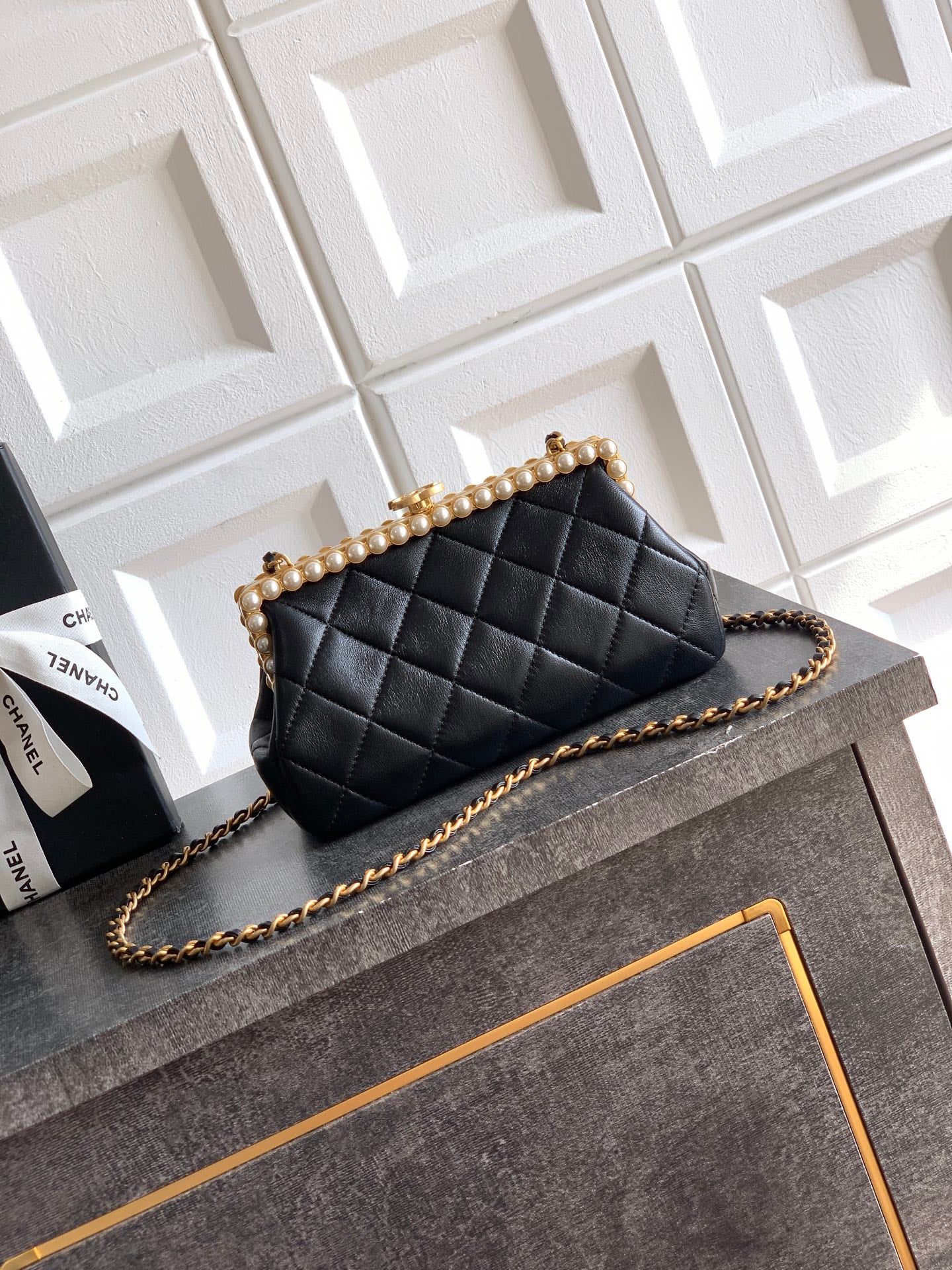 Chanel 2026 Pearl Clutch Black Gold Lambskin 321877