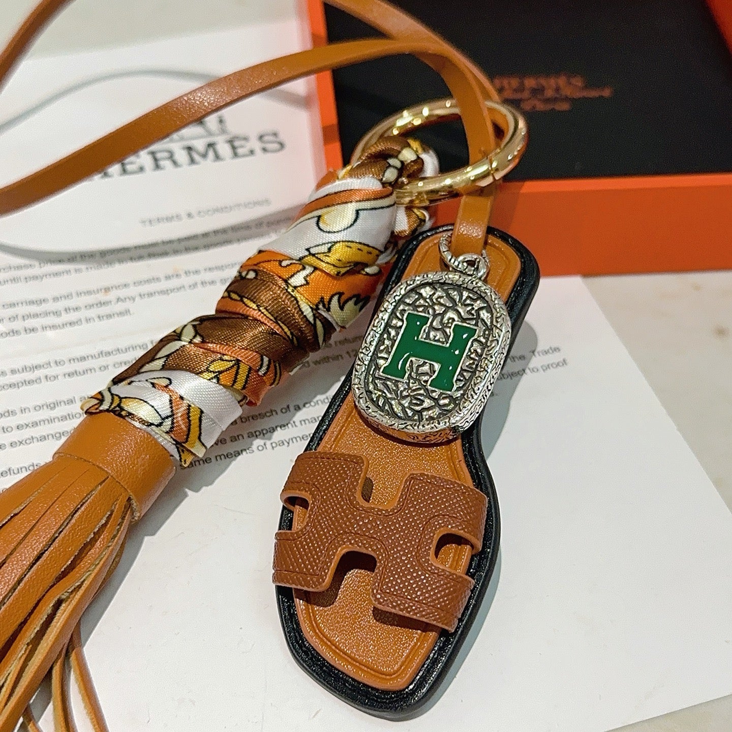 HM Brown Sandal With Twilly Scarf Charm With Silver Logo