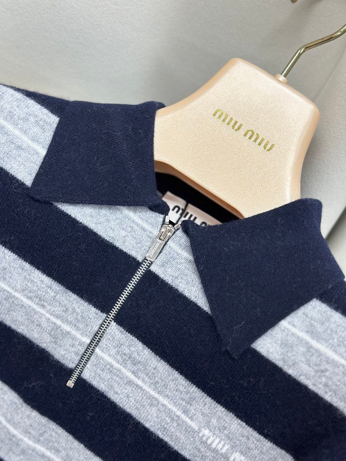 Miu Miu 25 Striped Polo Neck Sweater Navy Blue Gray Cashmere