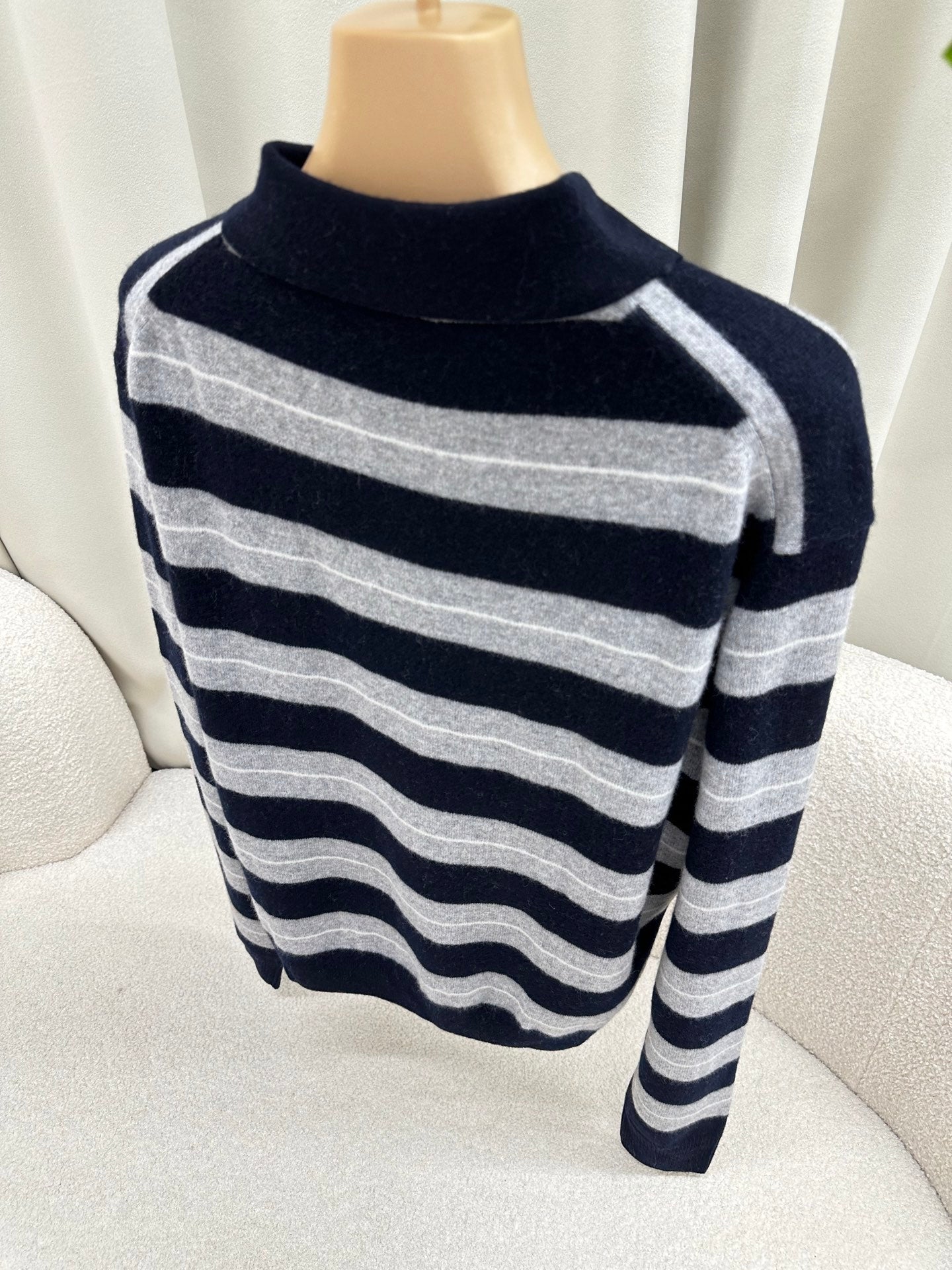 Miu Miu 25 Striped Polo Neck Sweater Navy Blue Gray Cashmere