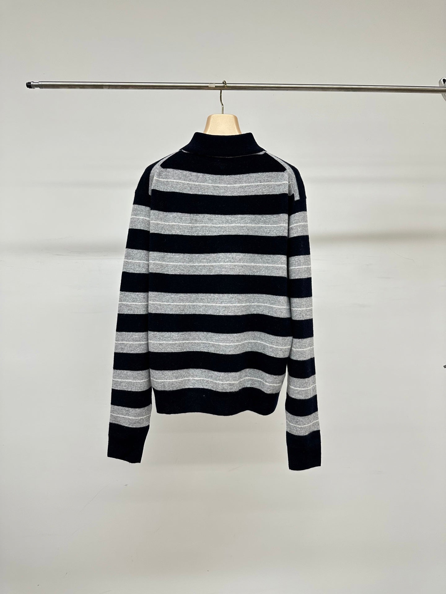 Miu Miu 25 Striped Polo Neck Sweater Navy Blue Gray Cashmere