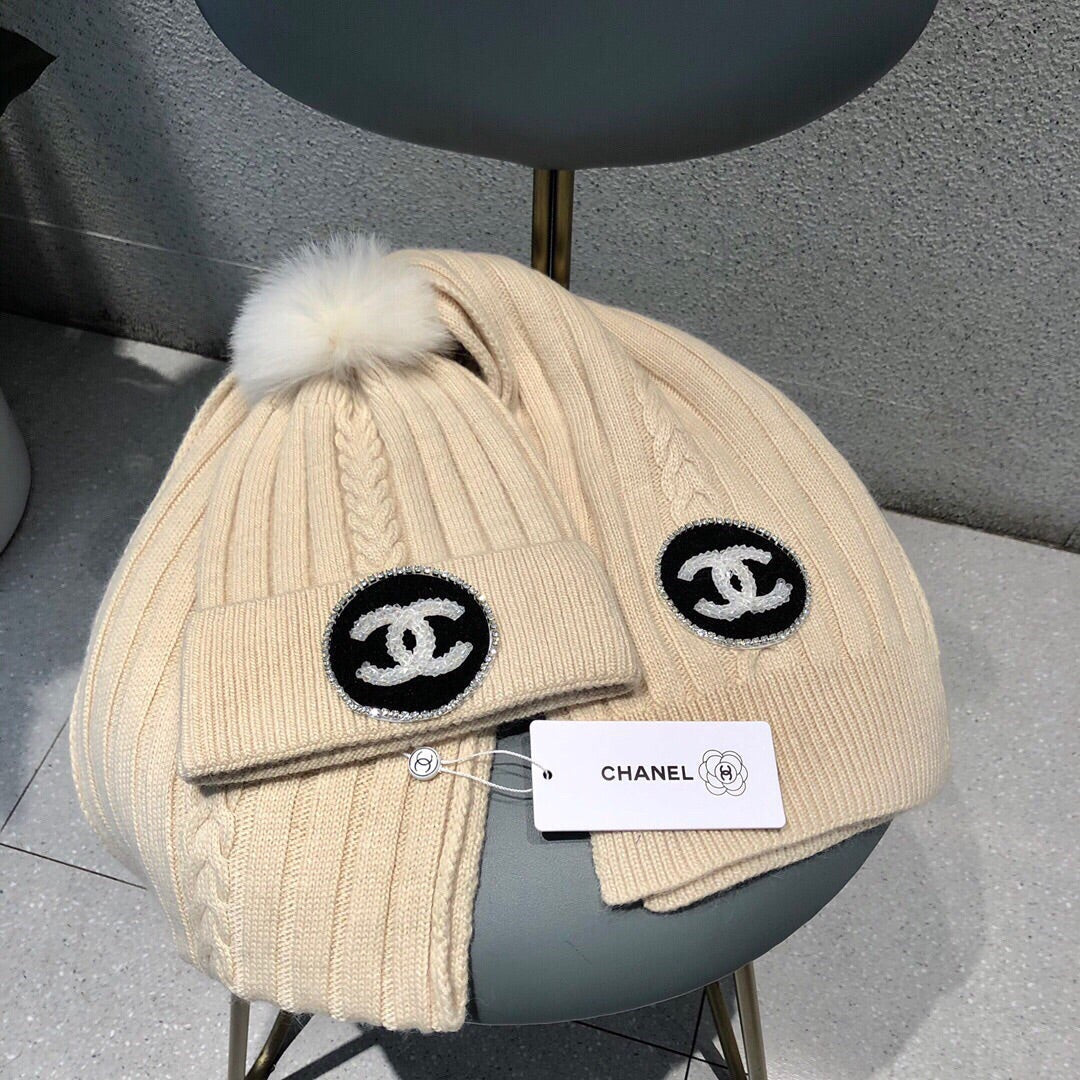 SET BEANIE HAT AND SCARF IN BISQUE BEIGE WOOL 424022