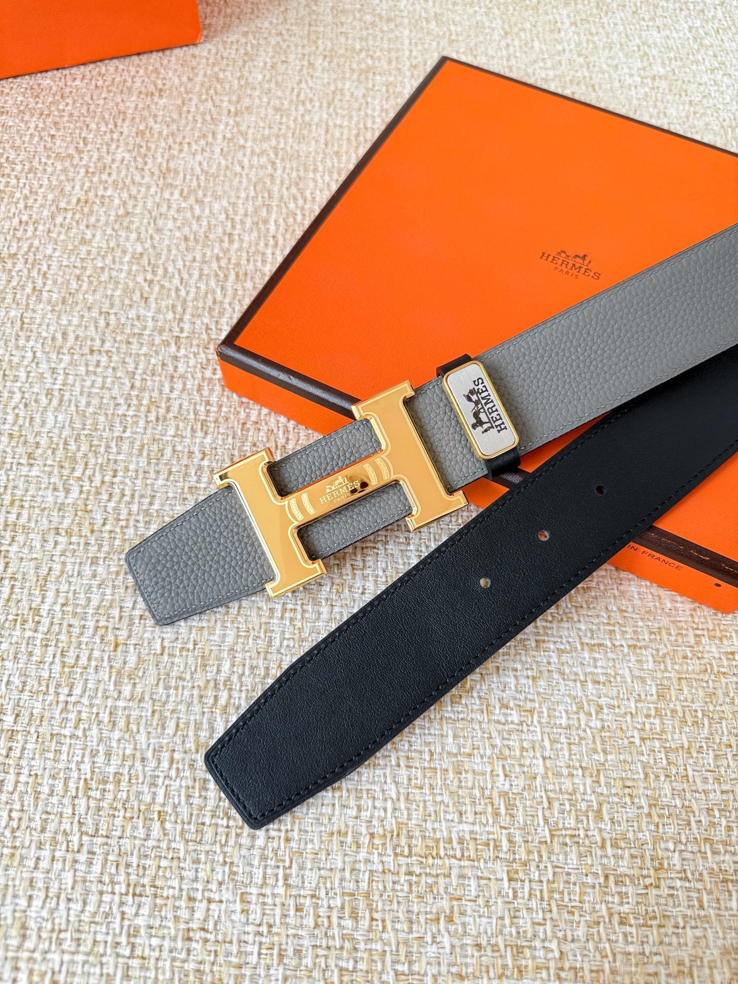 HM Constance Belt 38mm Gray Black Cowhide Gold Buckle 619783