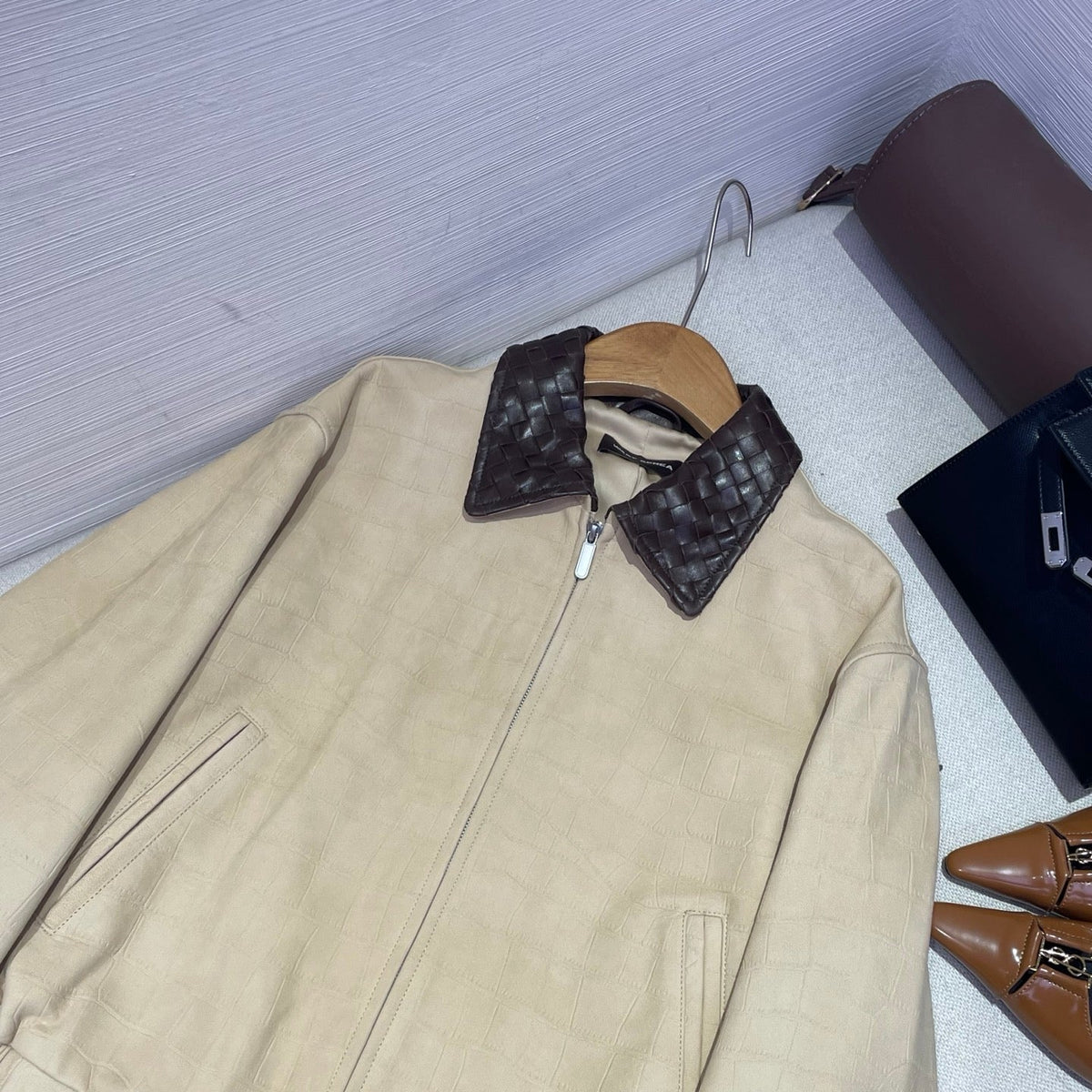Bottega Veneta 2026 Crocodile Embossed Jacket Light Beige Leather 425329