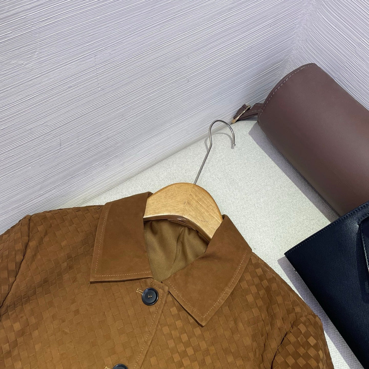 Bottega Veneta 2026 Intrecciato Blouson Jacket Brown Suede 425326