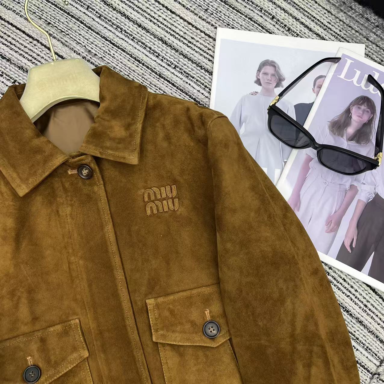 Miu Miu 25 Suede Short Coat Brown Yellow 302344