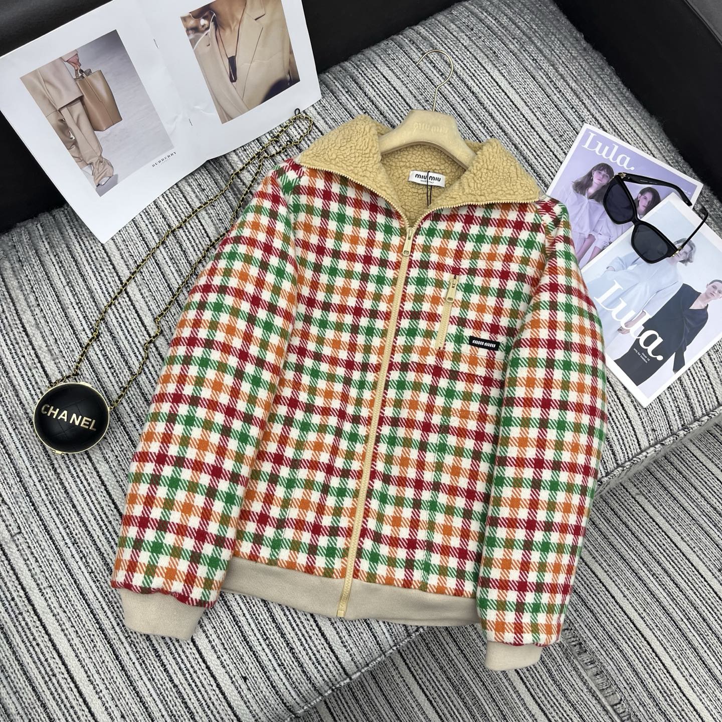 Miu Miu 25 Plaid Shearling Collar Coat Multicolor 302150