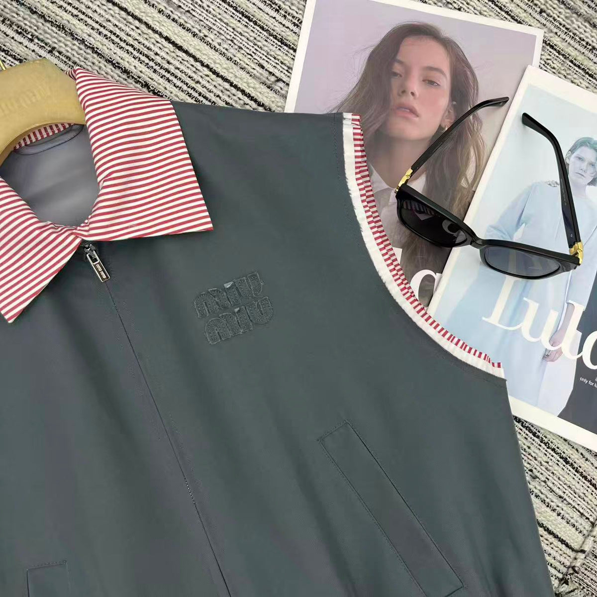 Miu Miu 2026 Striped Collared Vest Jacket Gray and Pink Cotton