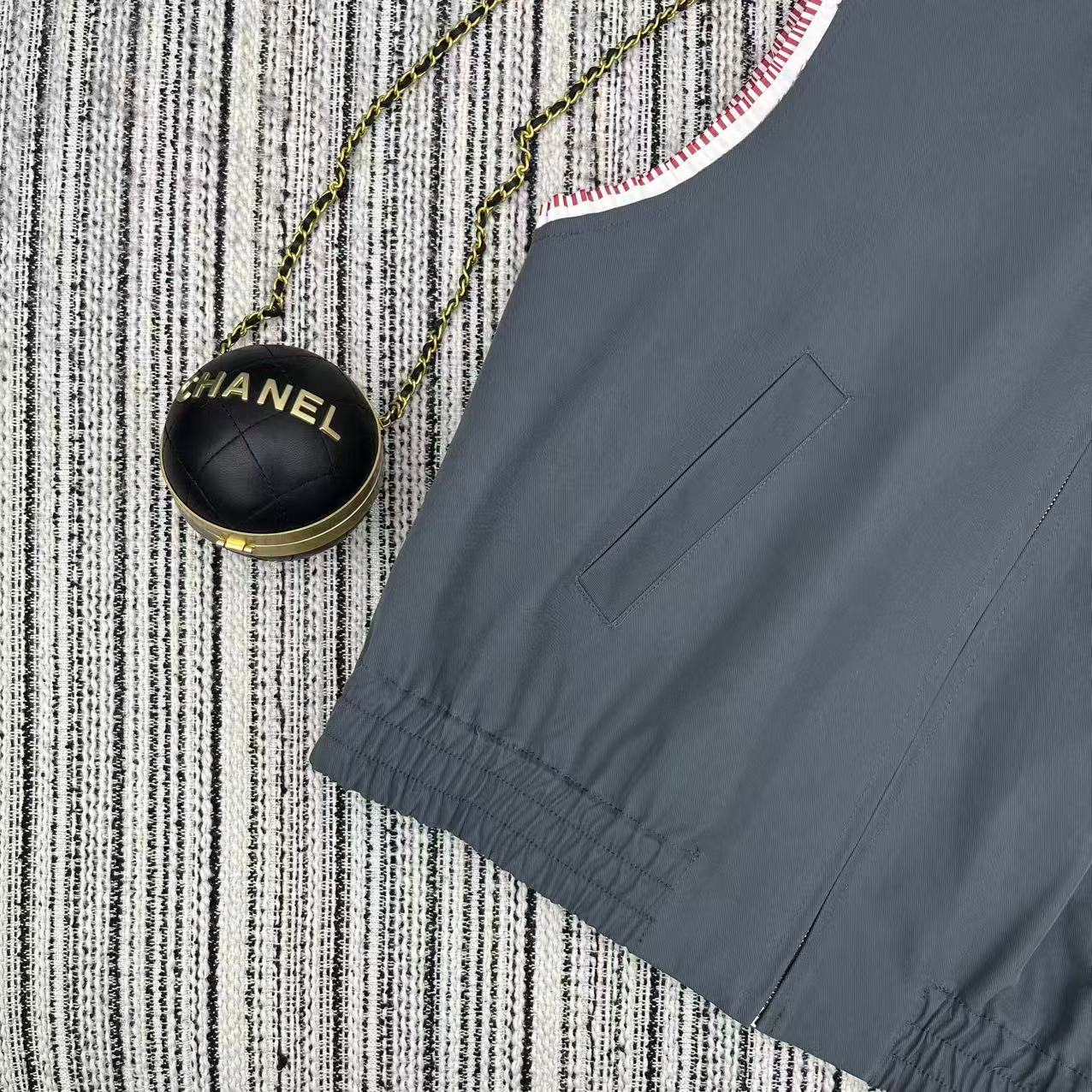 Miu Miu 2026 Striped Collared Vest Jacket Gray and Pink Cotton