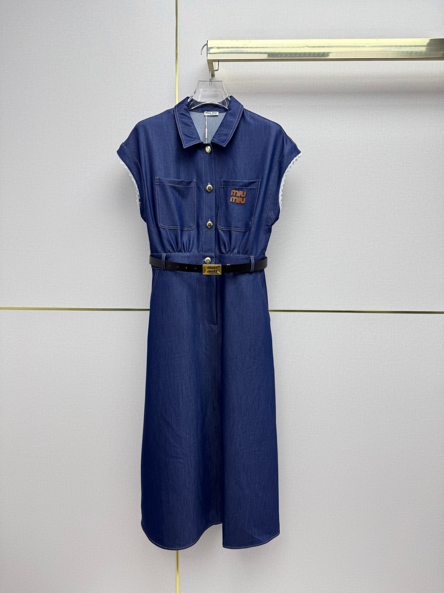 Miumiu 2026 Denim Short-Sleeve Collared Dress Cotton 225006