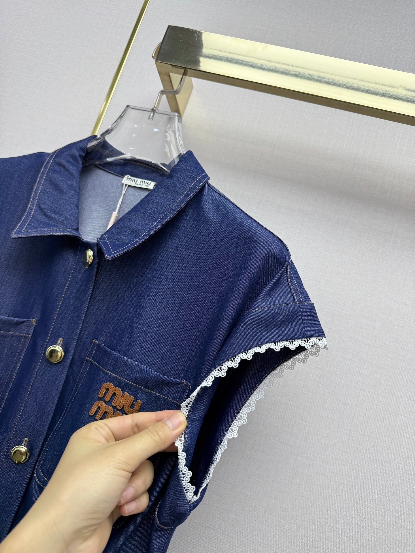 Miumiu 2026 Denim Short-Sleeve Collared Dress Cotton 225006