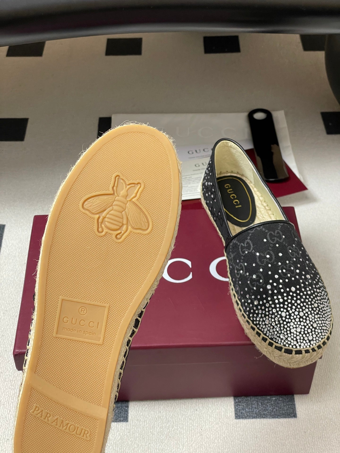 GG 26ss Slip-on Loafers Rhinestones Black Double G Canvas 593499