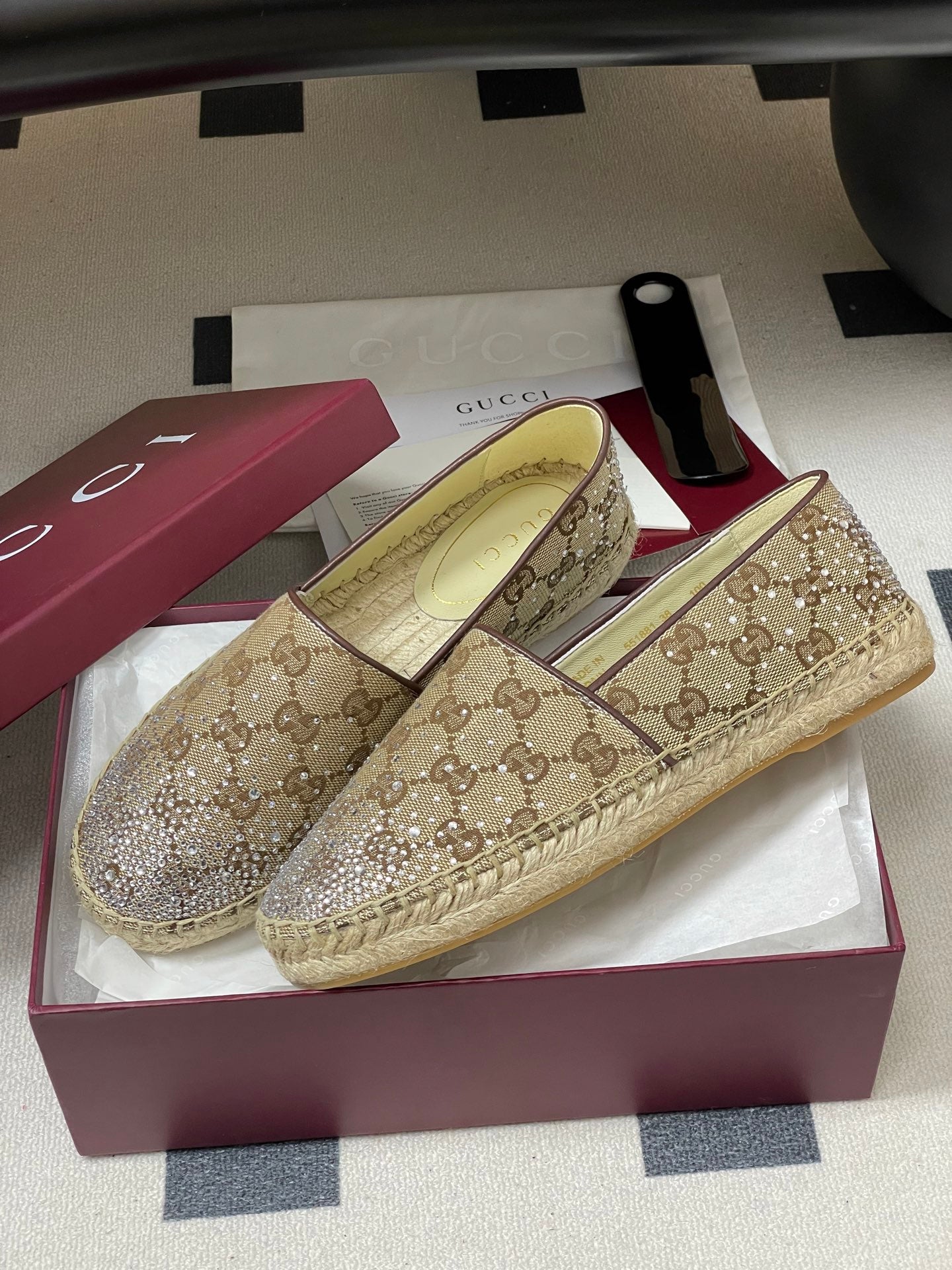 GG 26ss Slip-on Loafers Rhinestones Beige Brown Double G Canvas 593500