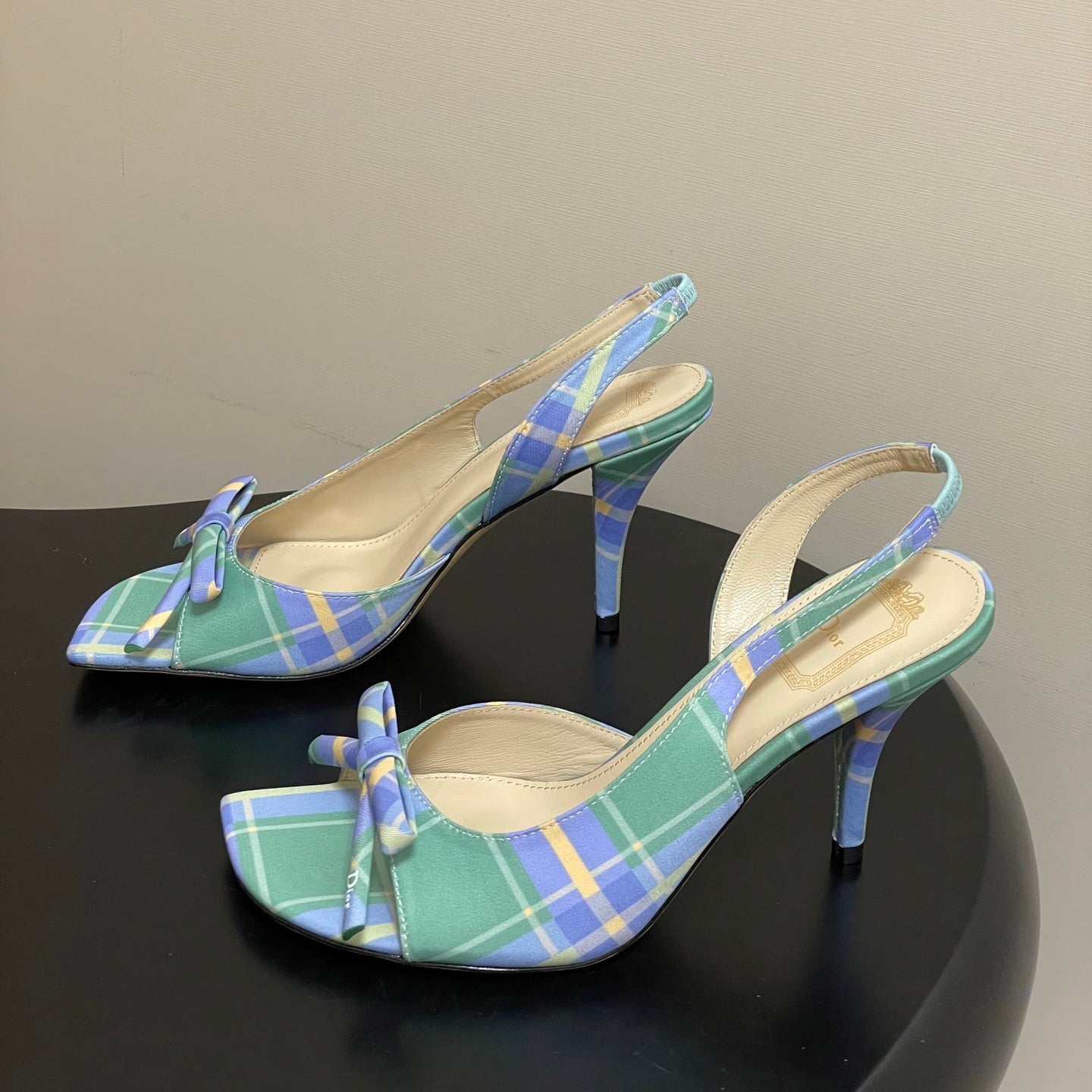 CD 26 Slingback 85 Green Blue Leather Silk Fabric 593601