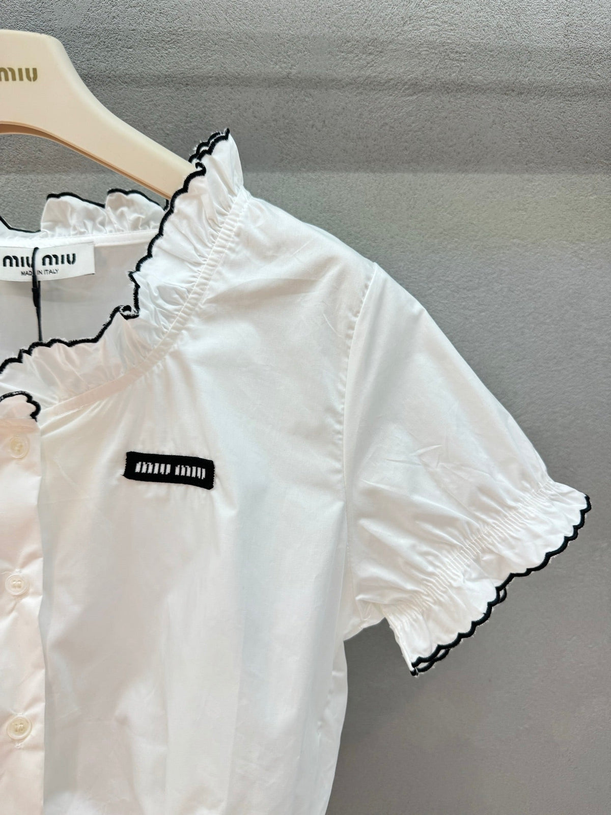 Miumiu 2026 Ruffled Trim Shirt White Black Cotton 375185