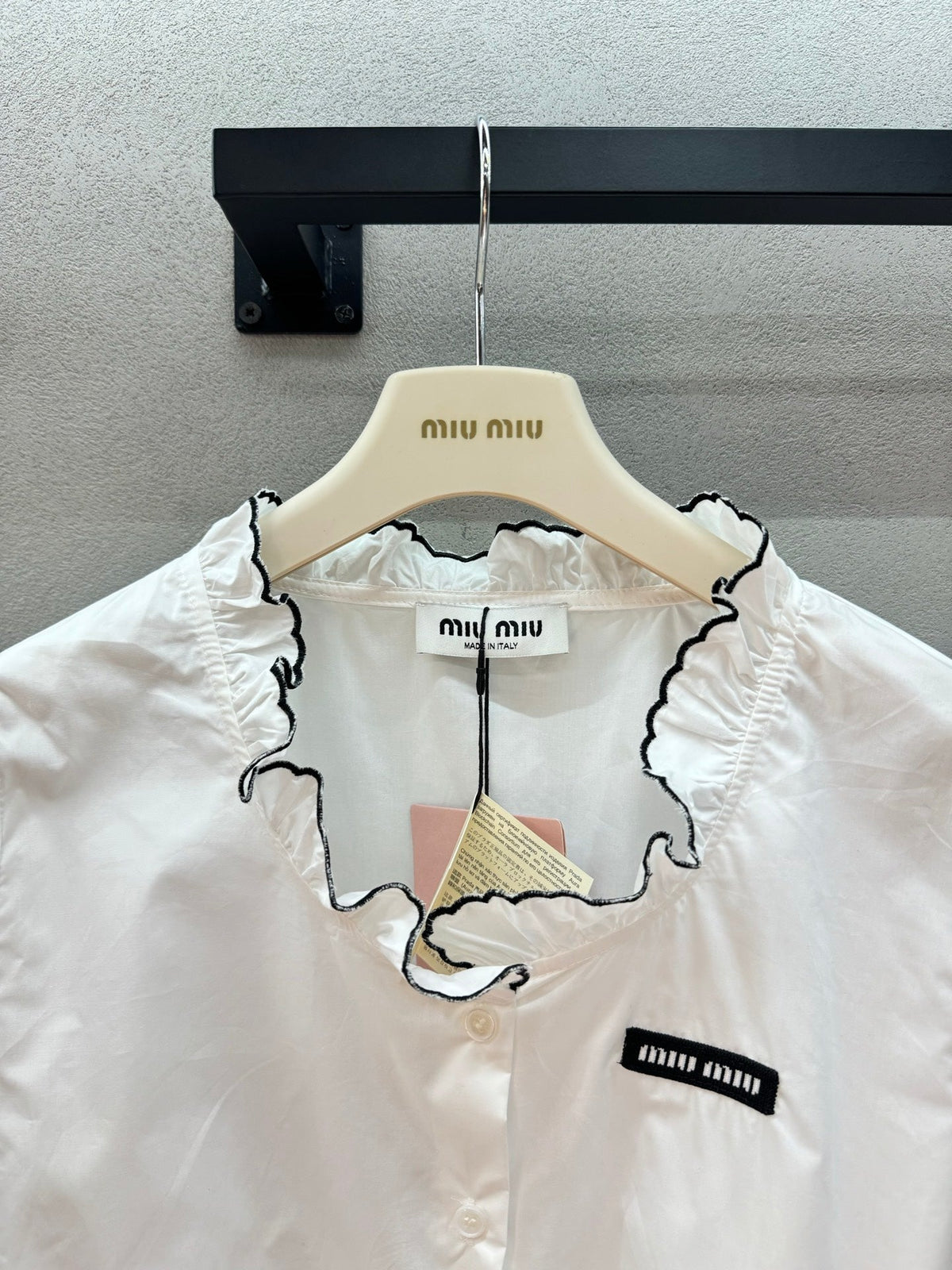 Miumiu 2026 Ruffled Trim Shirt White Black Cotton 375185