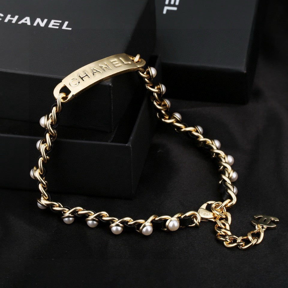 CC Choker Black Gold Pearl Leather Necklace