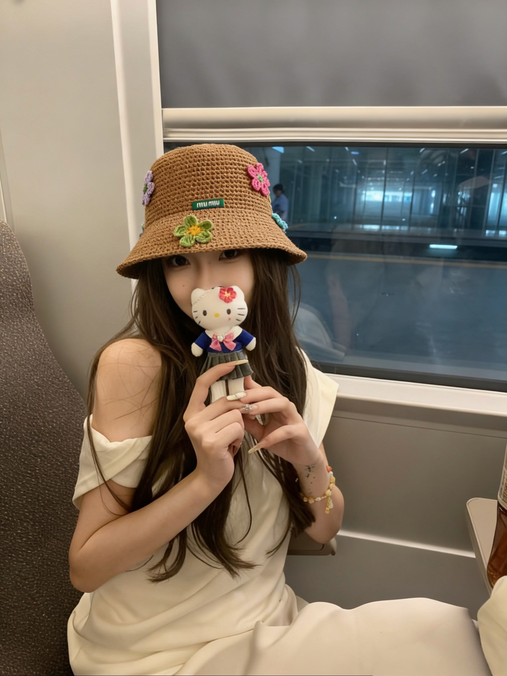 Miumiu Multicolor Flower Straw Bucket Hat 322156