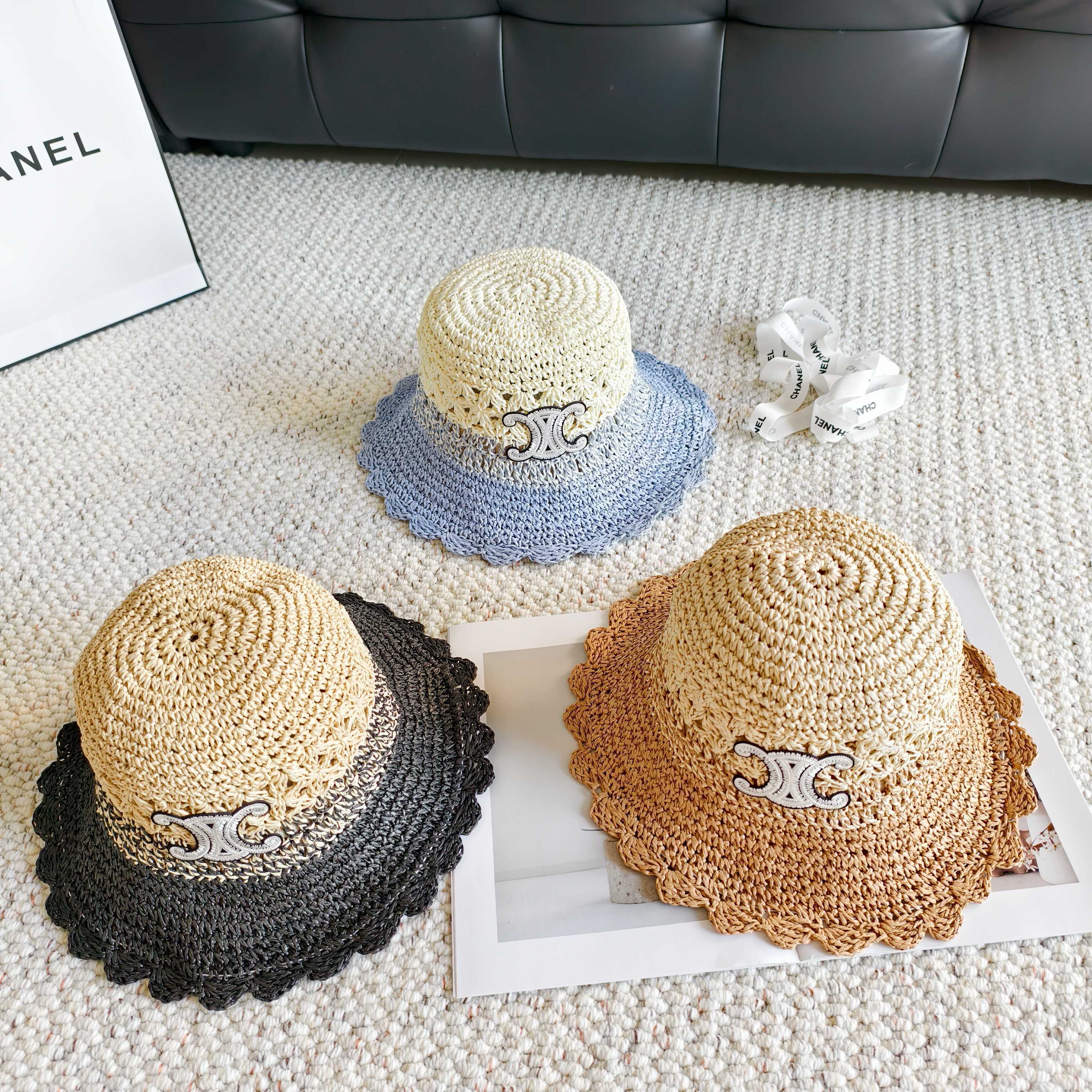 Celine Hollow-out Woven Arc de Triomphe Straw Bucket Hat 322140