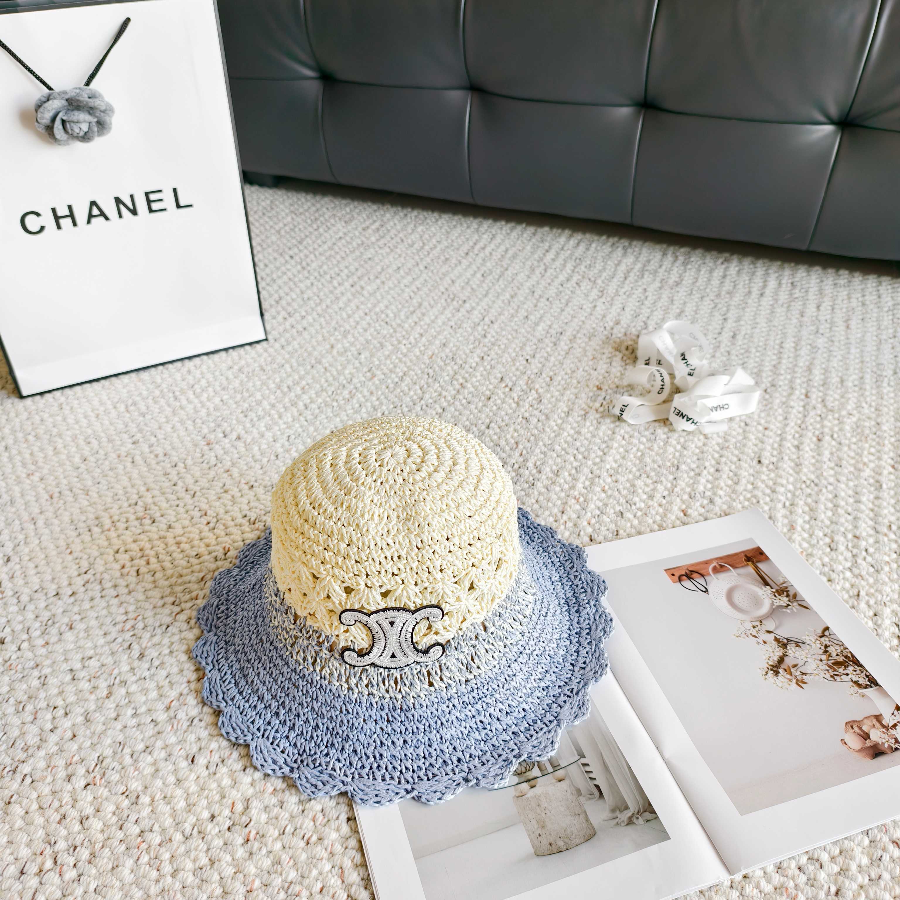 Celine Hollow-out Woven Arc de Triomphe Straw Bucket Hat 322140