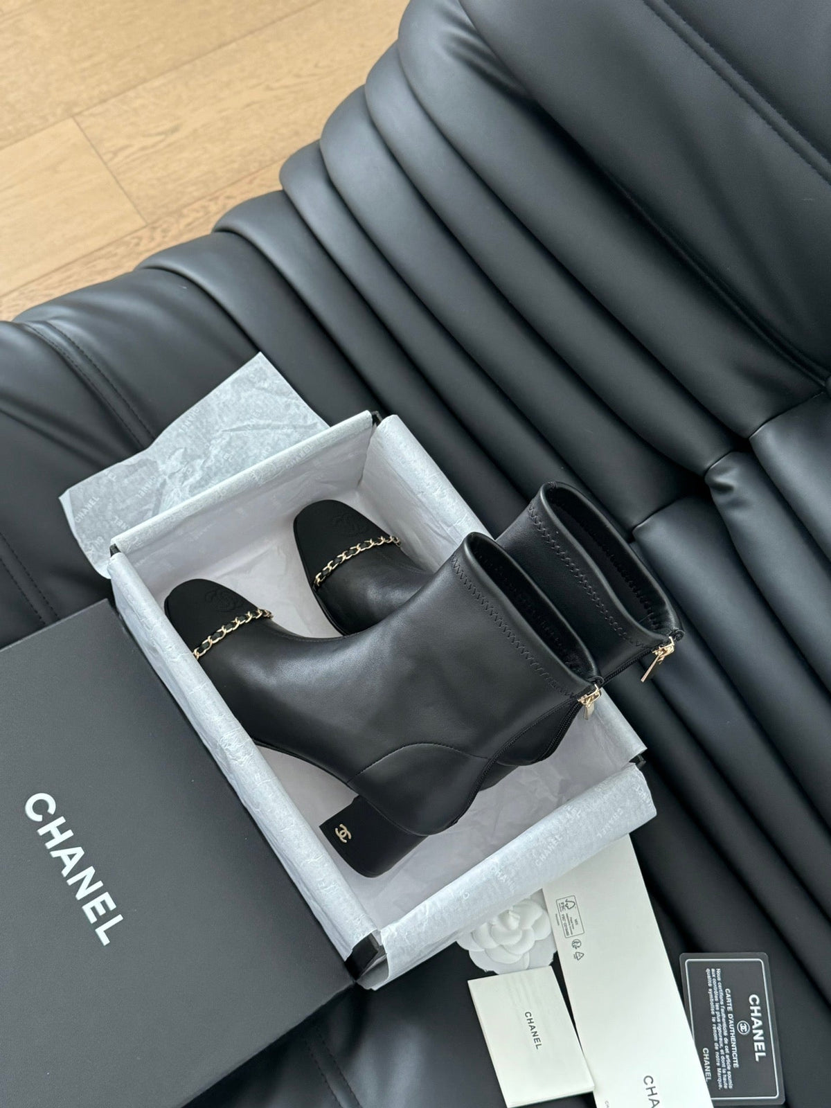 CC Ankle Boot Black Calfskin Grosgrain Leather Strap