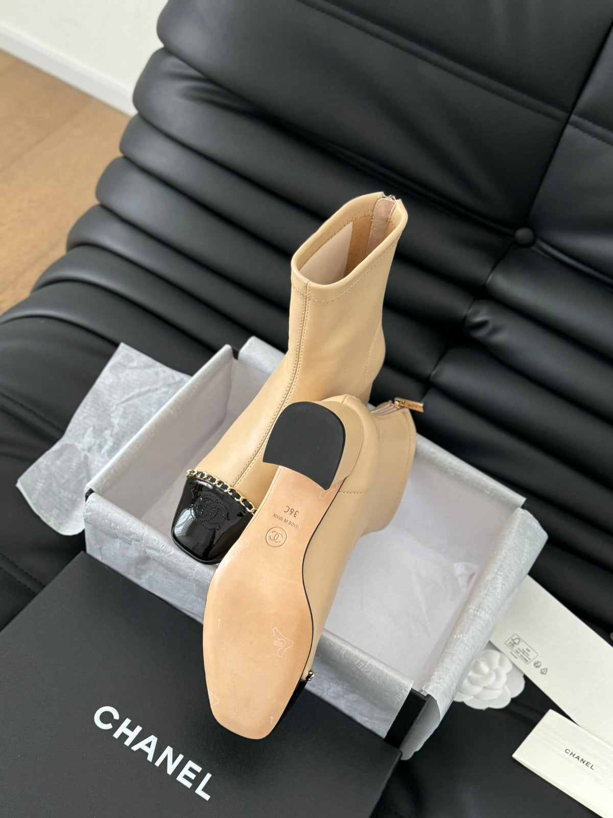 CC Ankle Boot Beige Calfskin Black Patent Calfskin