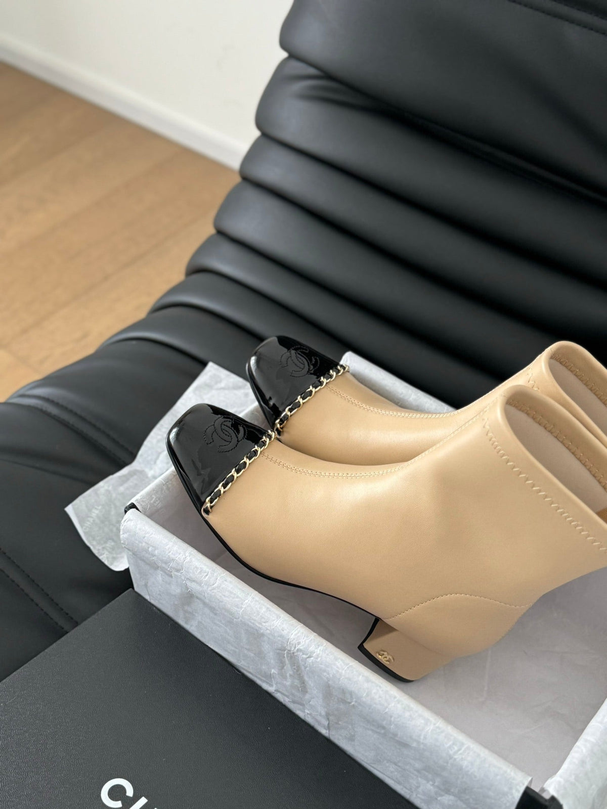 CC Ankle Boot Beige Calfskin Black Patent Calfskin