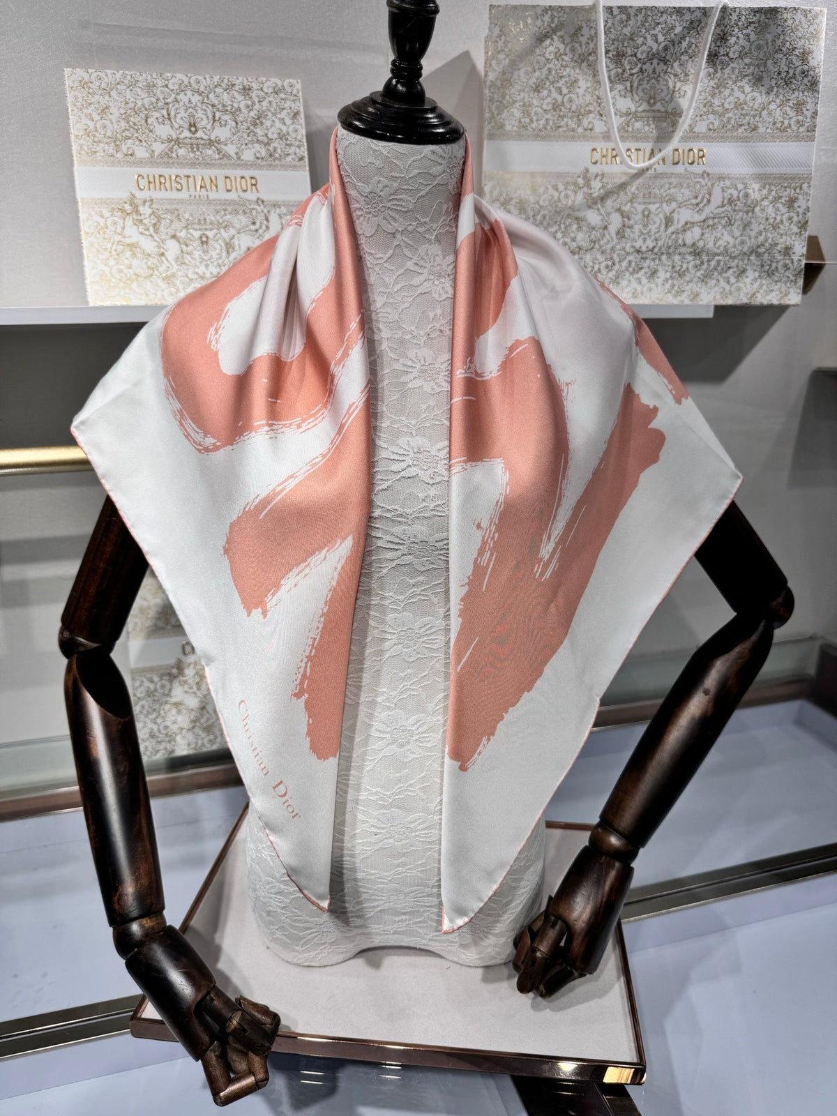 Dior 2026 Scarf 90cm White Pink Silk 187337