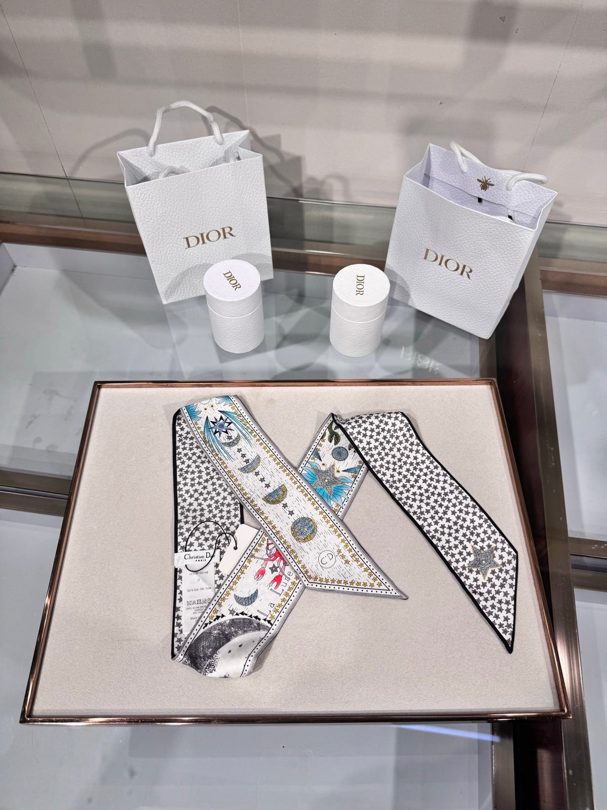 Dior 2026 Mitzah Scarf 100cm White Mix Black Silk 203875