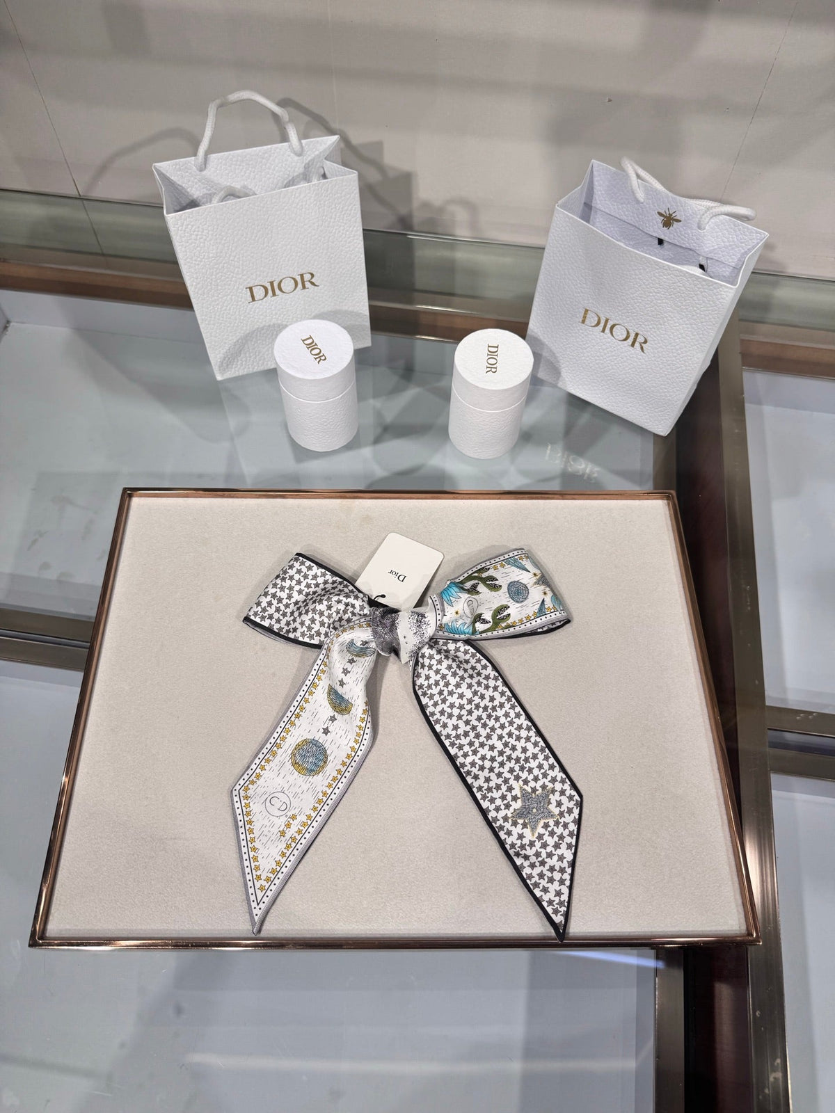 Dior 2026 Mitzah Scarf 100cm White Mix Black Silk 203875