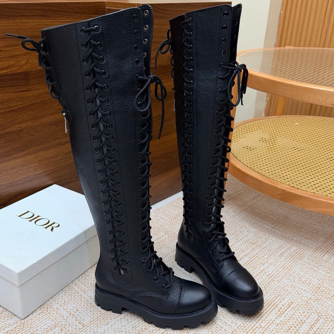 Dior 2026 Diorebel Knee-High Combat Boots Black Cowhide 973977