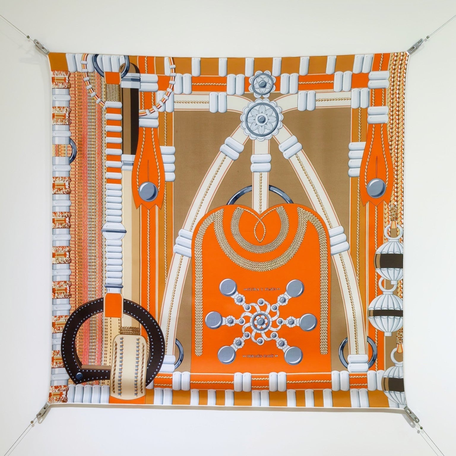 HM 26ss Amazon  Scarf 90 Brown Orange Colorful Twill Silk 130284