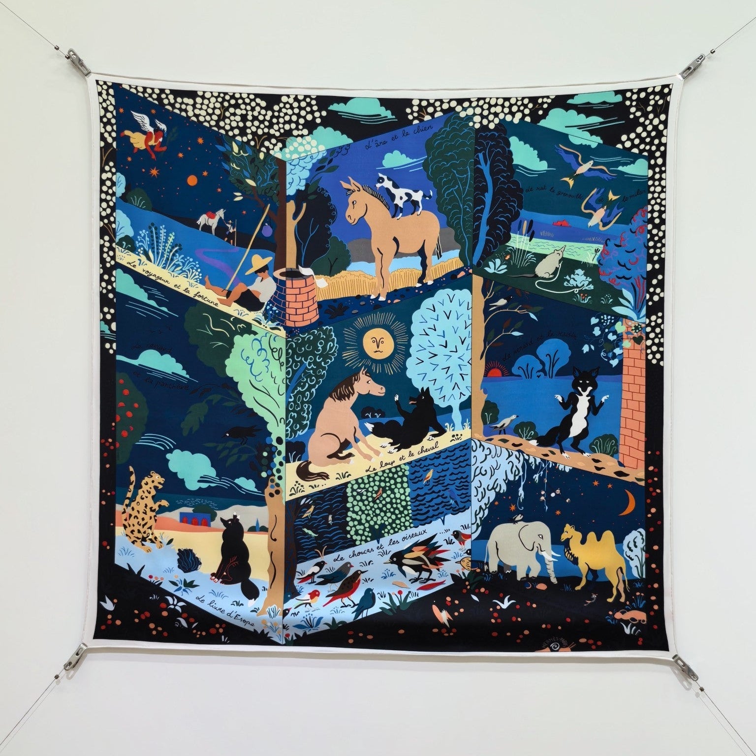 HM 26ss Amazon  Scarf 90 Black Blue Colorful Twill Silk 130286