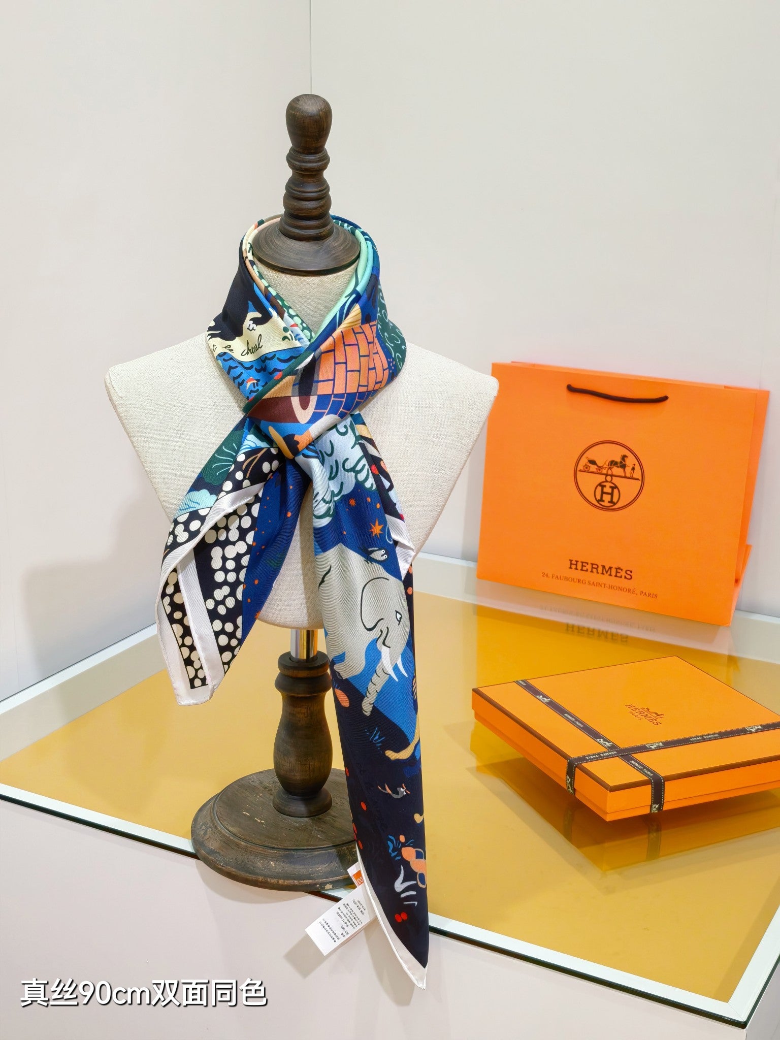 HM 26ss Amazon  Scarf 90 Black Blue Colorful Twill Silk 130286