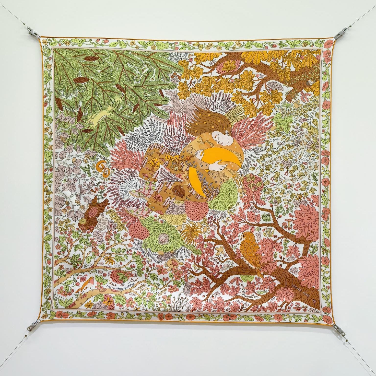 HM 26ss Sweet Saddle Scarf 90 Green Pink Twill Silk 132418