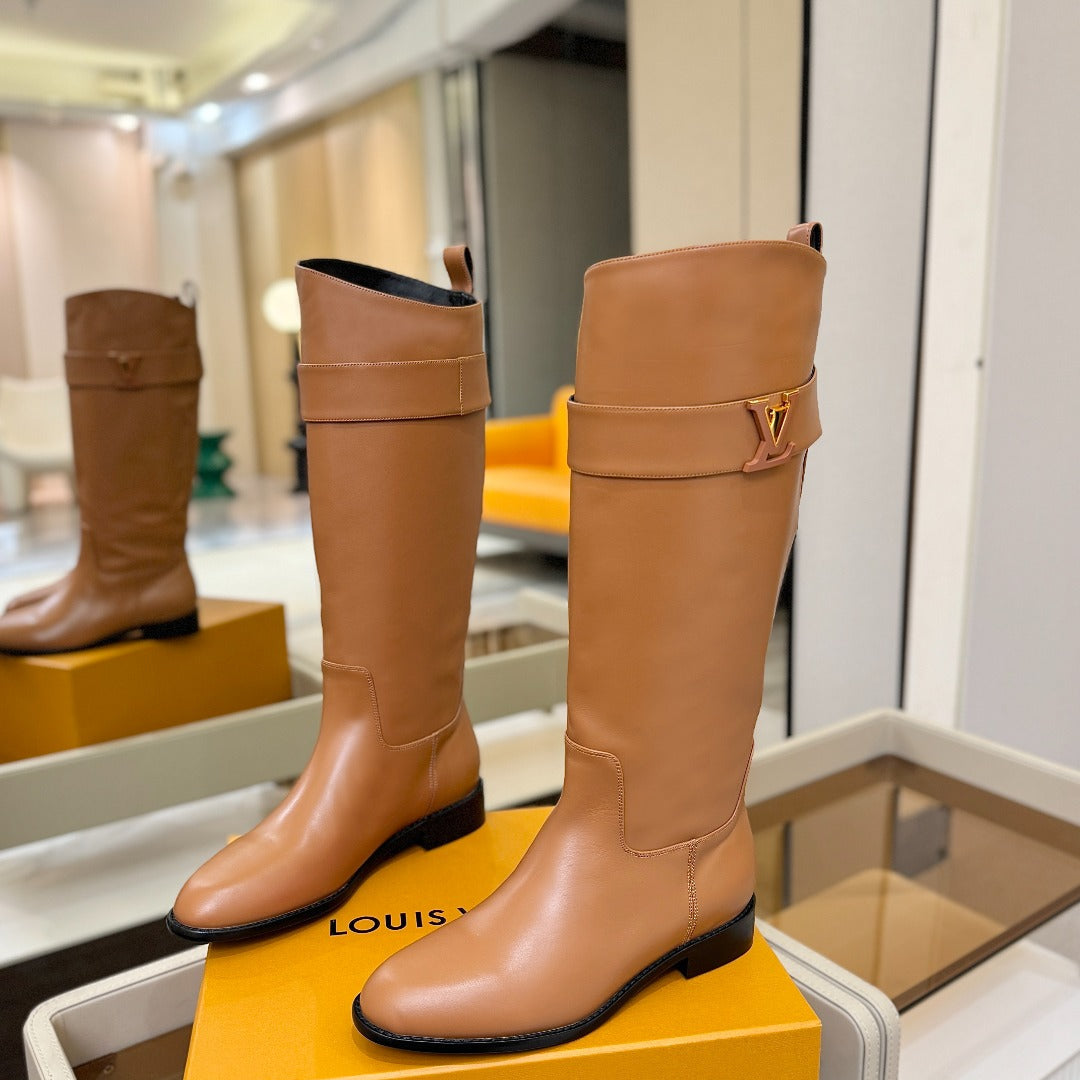 LV 25 Metal Buckle Riding Boots Tan Sheepskin  573887