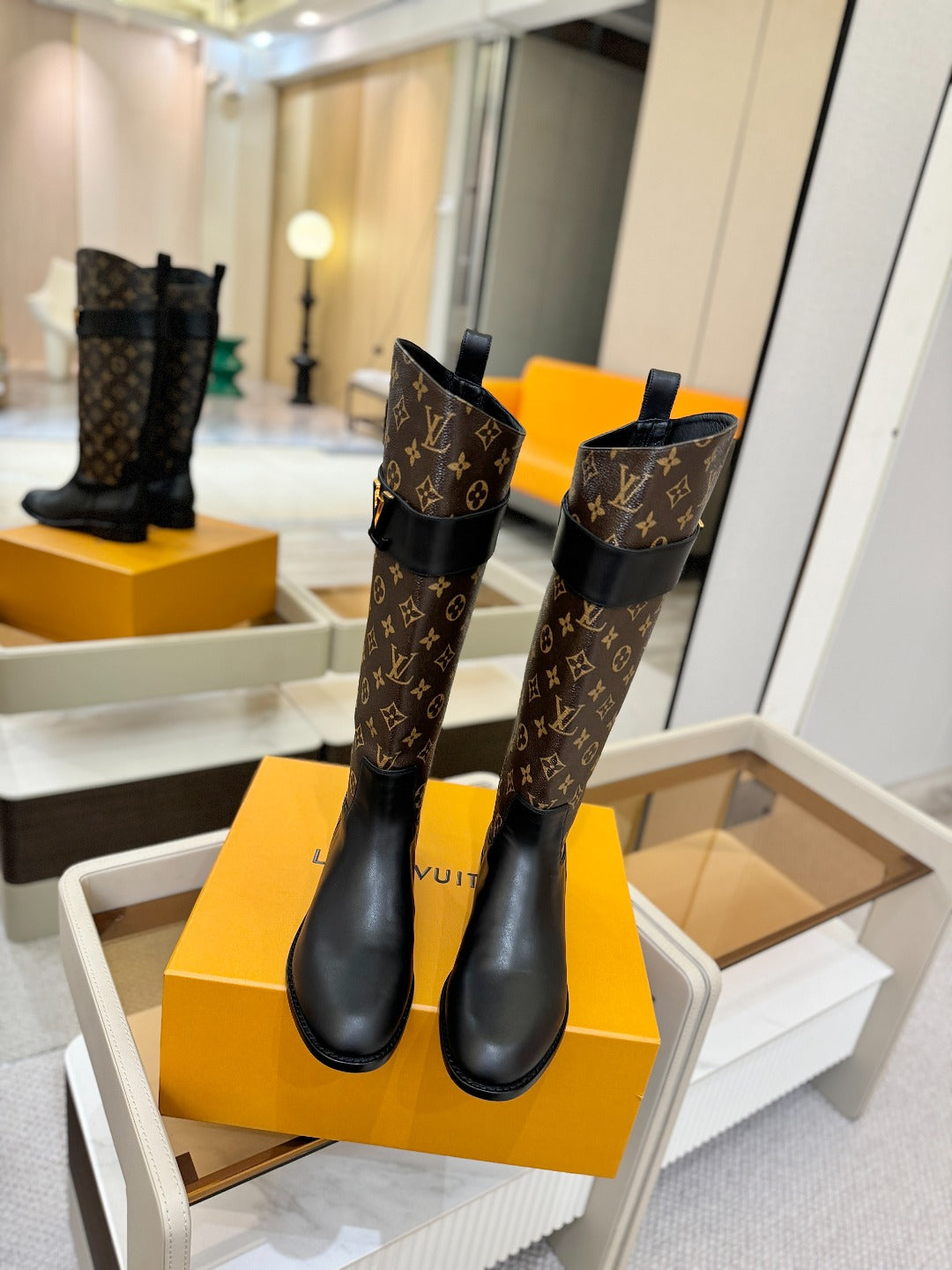 LV 25 Metal Buckle Riding Boots Monogram Brown Cowhide 573889