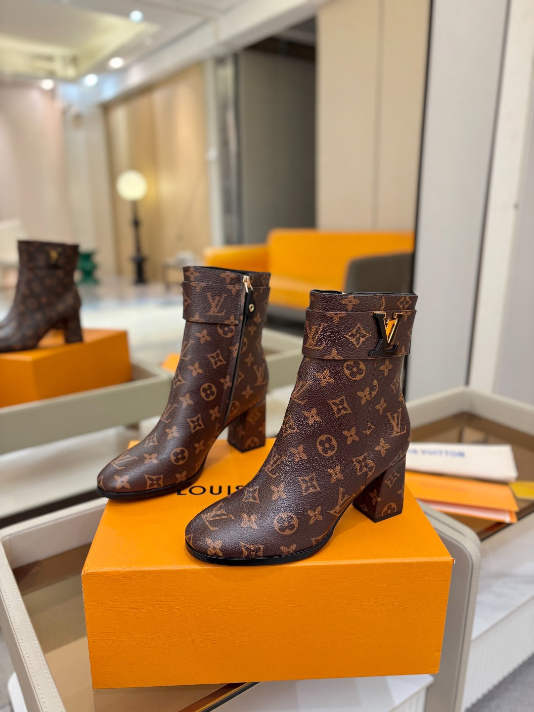 LV Ankle Boots 75 Monogram Brown Sheepskin 573729
