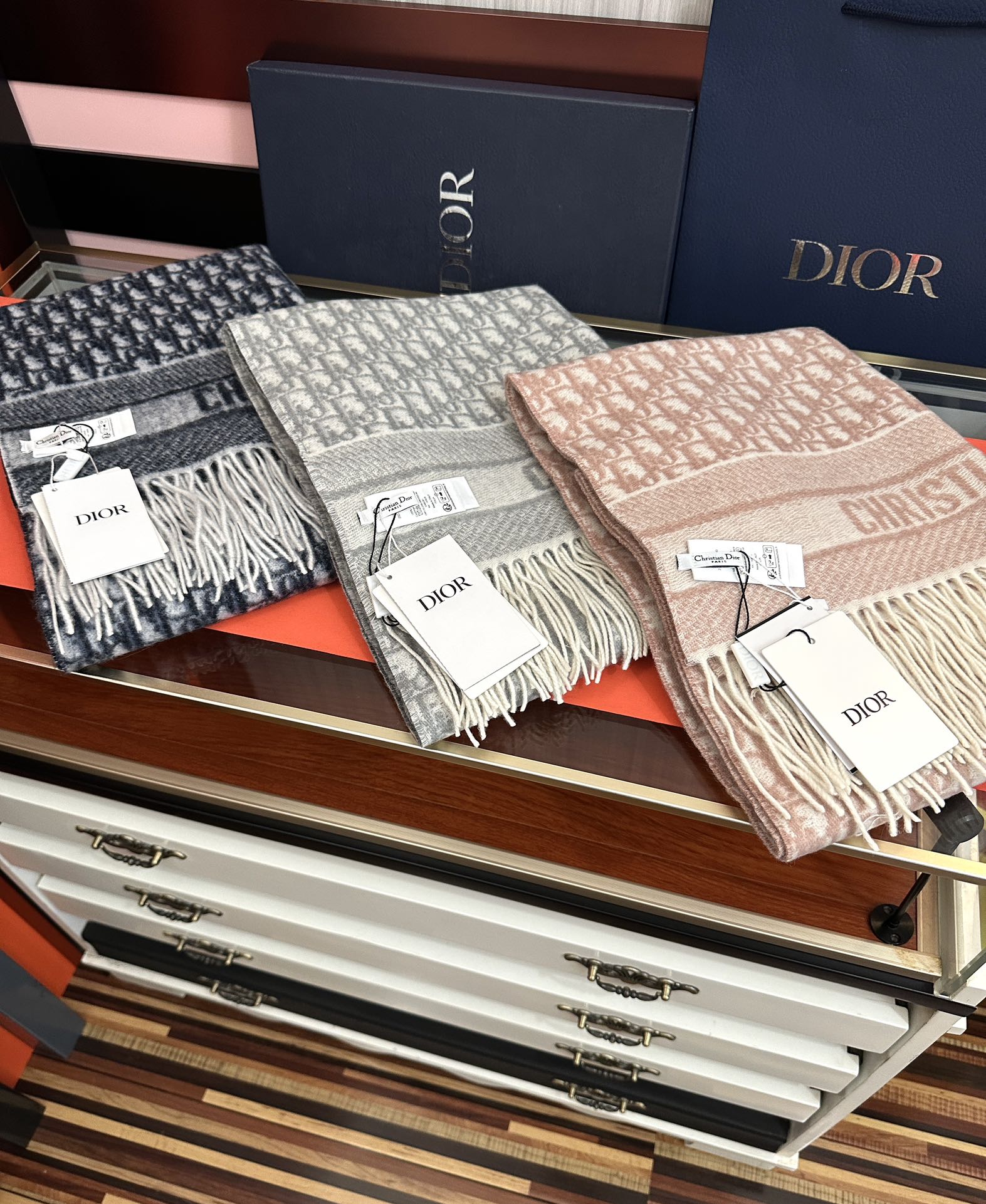 CD Oblique Print Scarf 200CM Dark Blue White Wool 292980