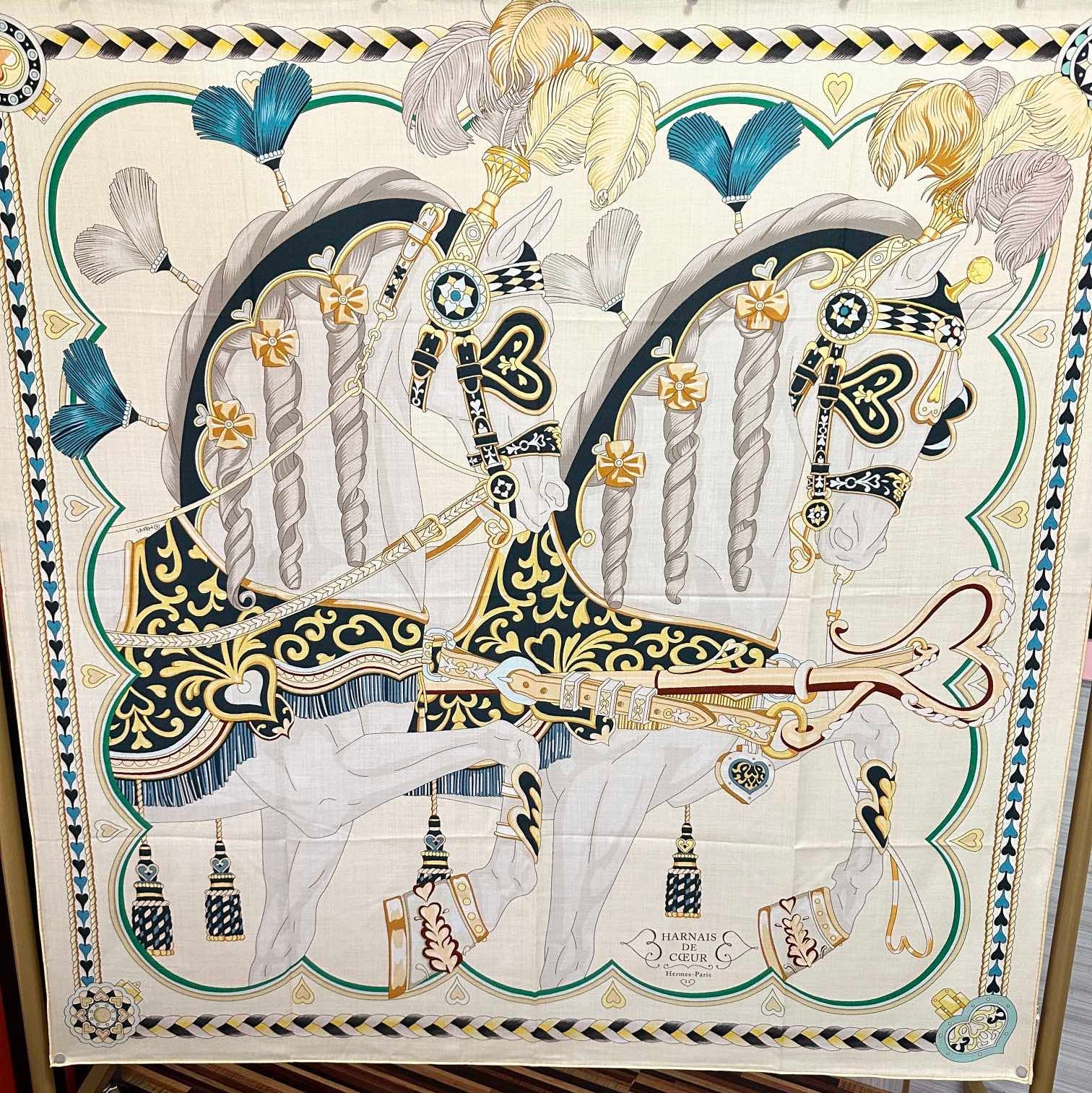 HM 25s Scarf 140cm Beige Blue Cashmere Silk 965624