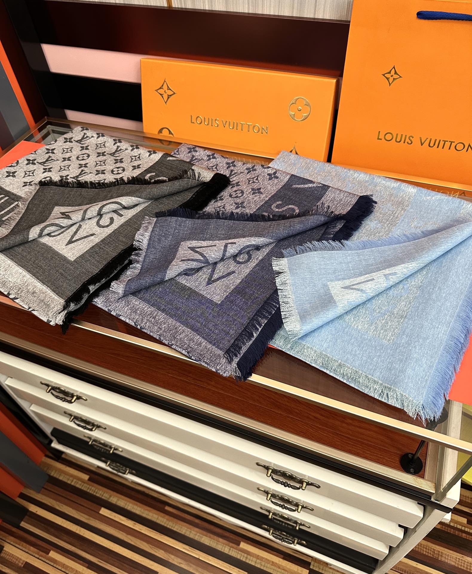 LV  Long Scarf 140cm Navy Blue Cashmere 967311