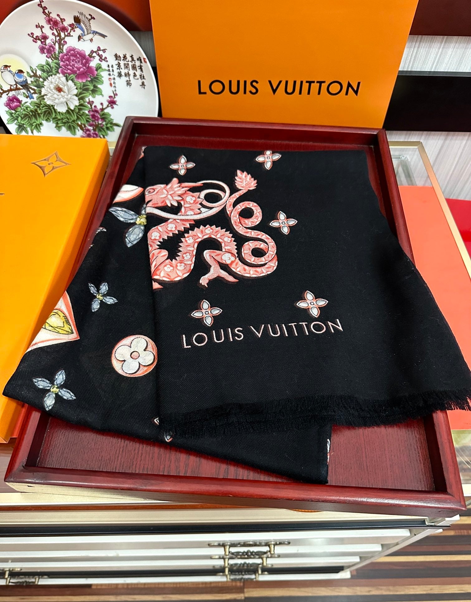LV  Long Scarf 200cm Black Pink Yellow Cashmere 967316