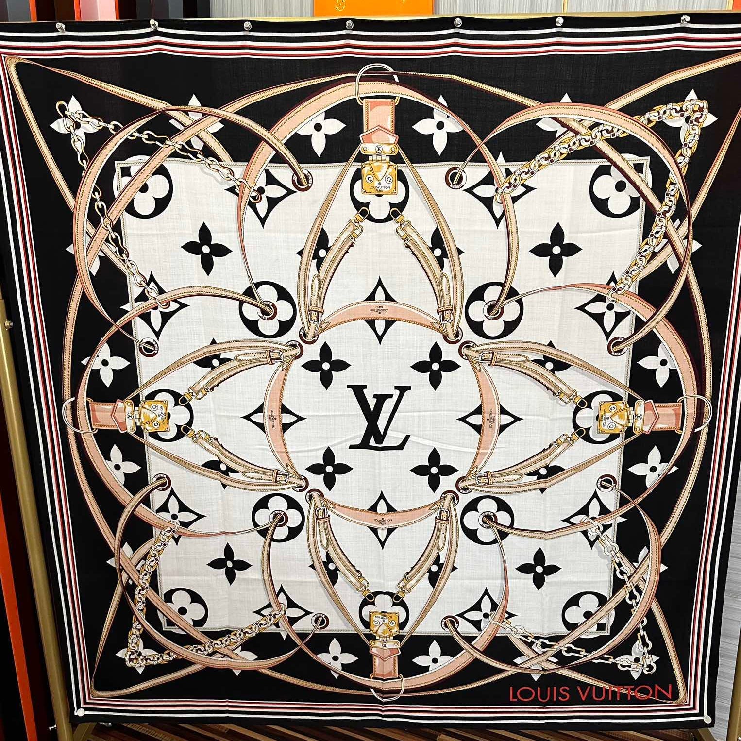LV Scarf 140cm Black Beige White Silk Cashmere 968683