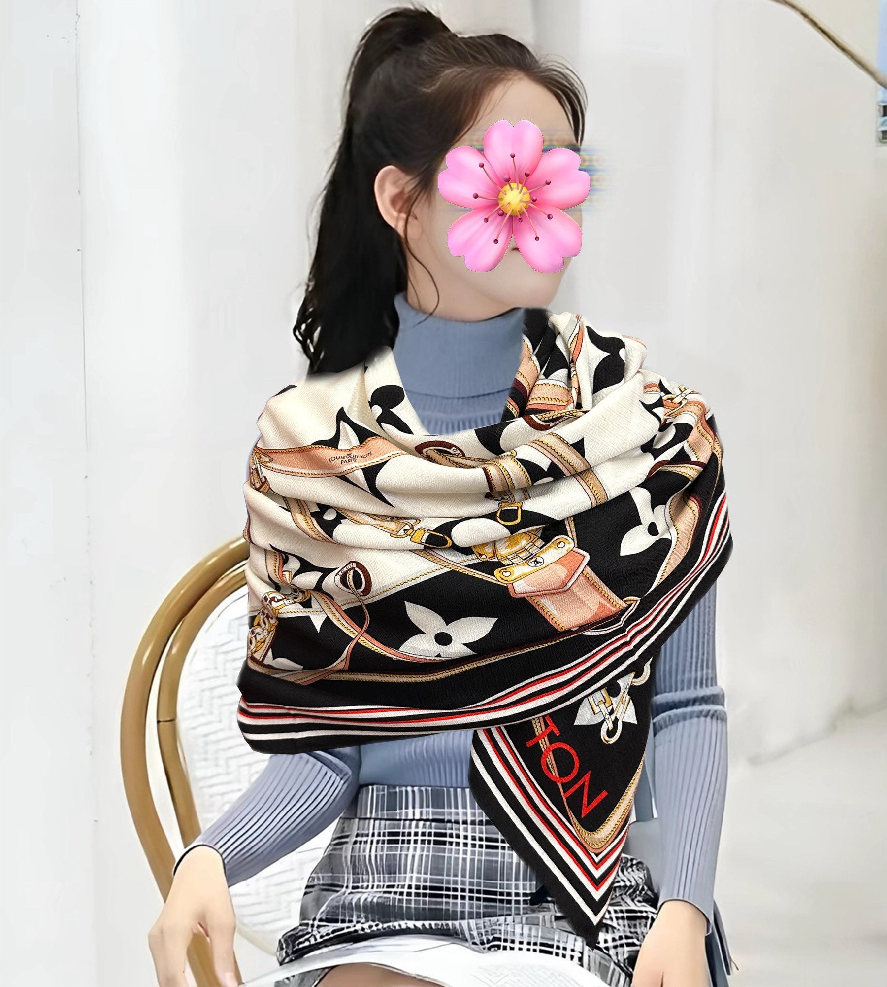 LV Scarf 140cm Black Beige White Silk Cashmere 968683