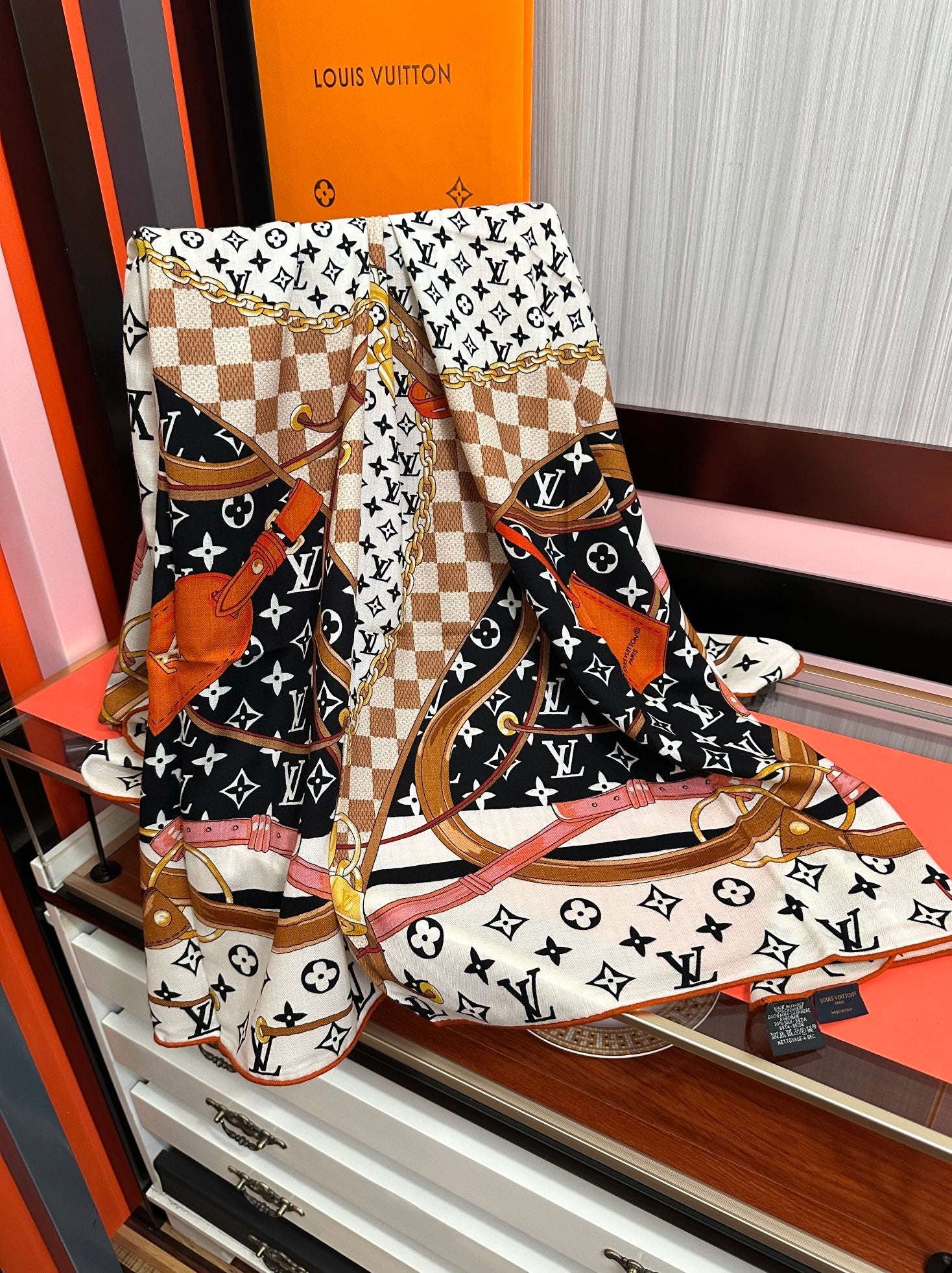 LV Scarf 140cm Black White Brown Silk Cashmere 968685