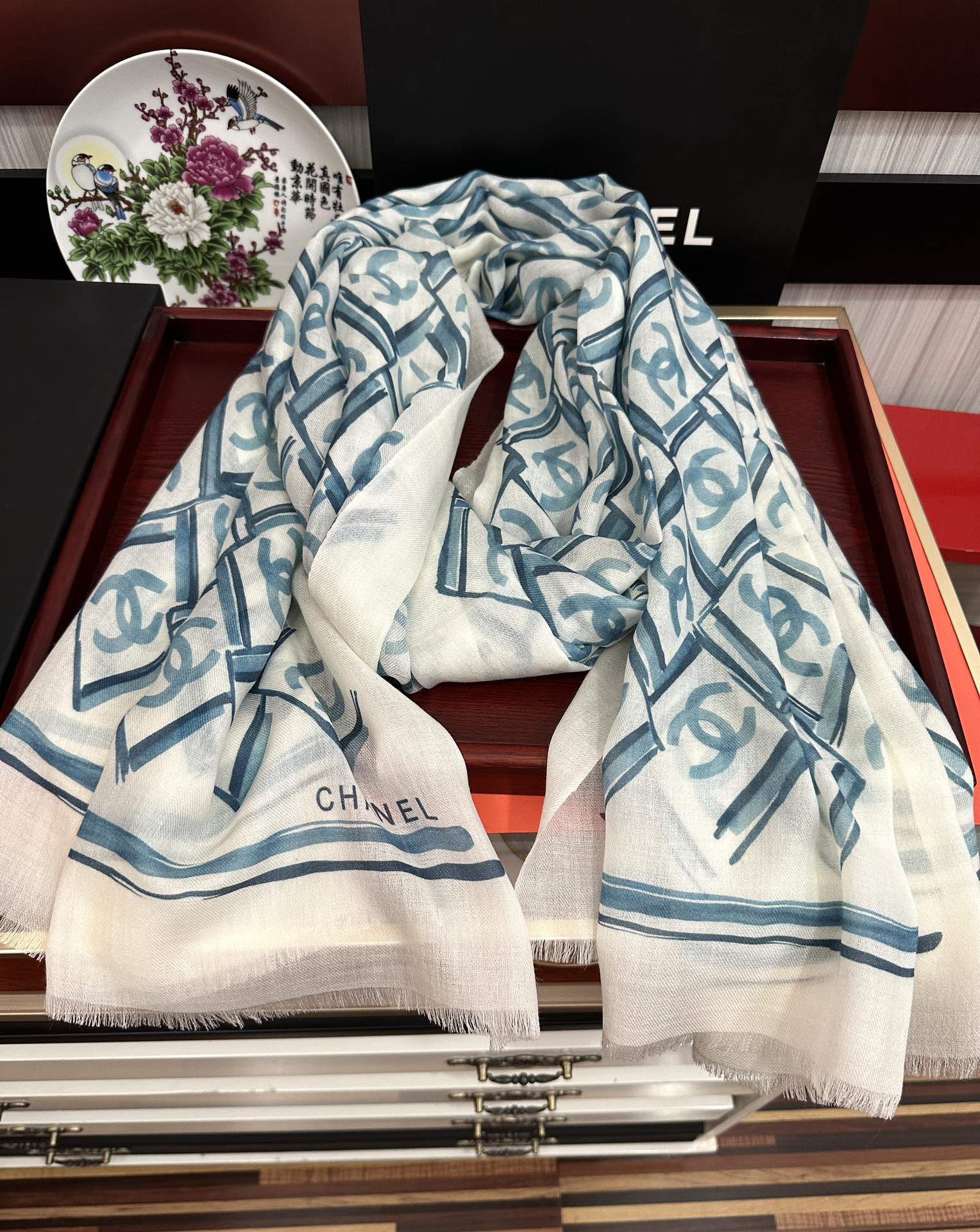 LV Latest Style Scarf 200cm White Blue Cashmere 970872
