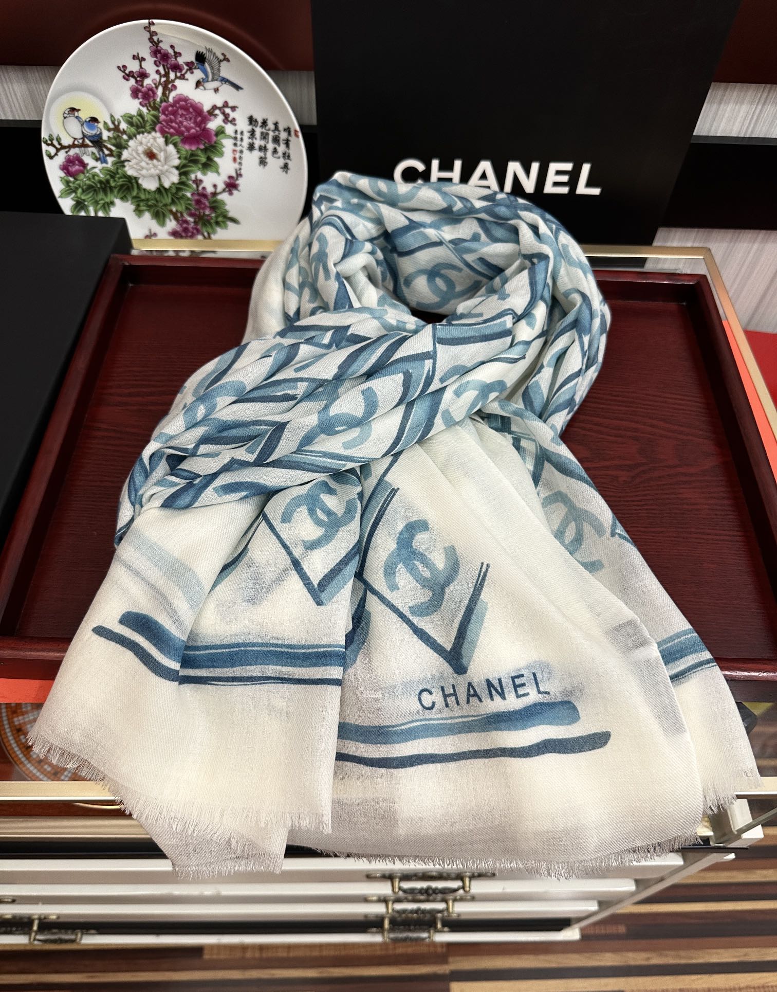 LV Latest Style Scarf 200cm White Blue Cashmere 970872