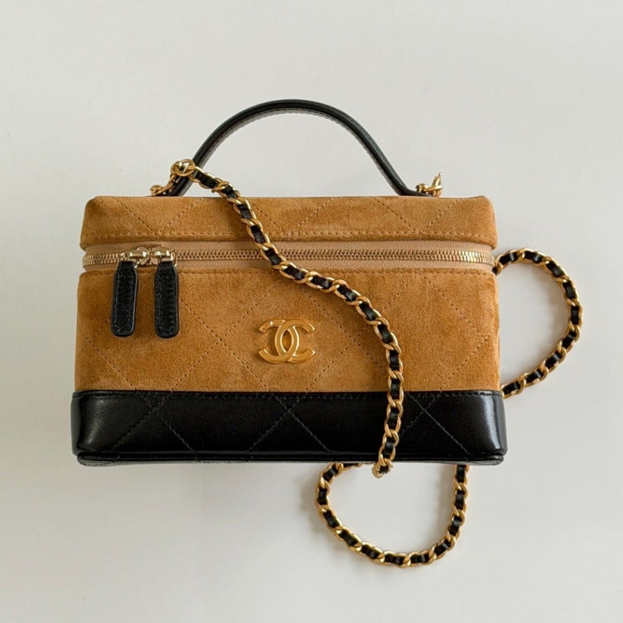 Chanel 2026 Vanity Bag 19.5cm Beige mix Black Suede Leather