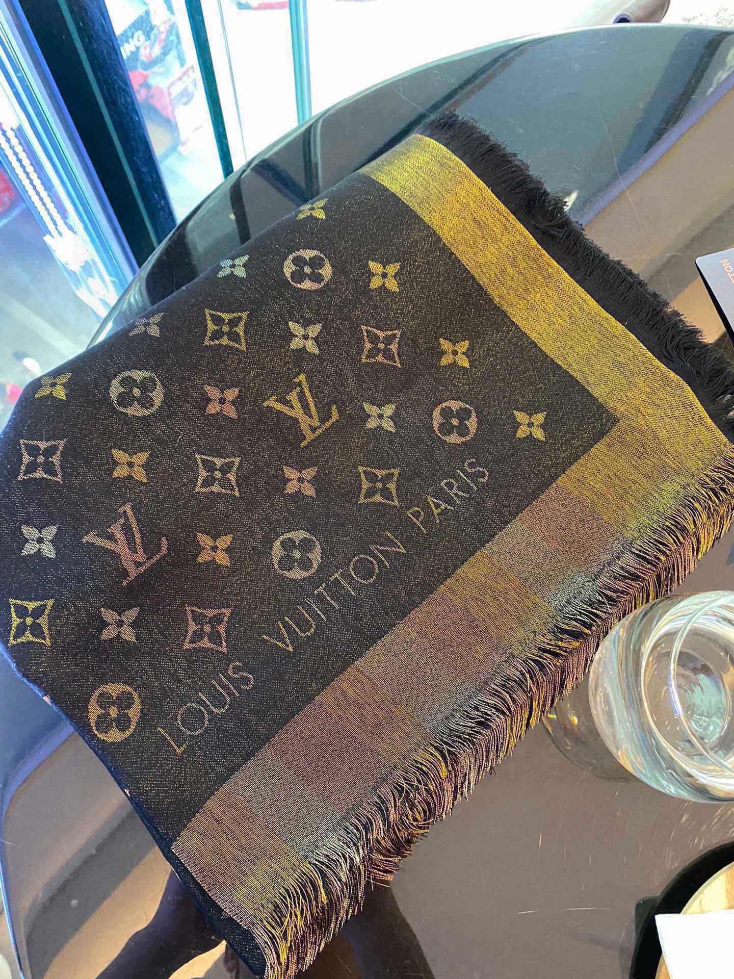 LV Monogram Scarf 140cm Black Beige Silk and Wool 967231