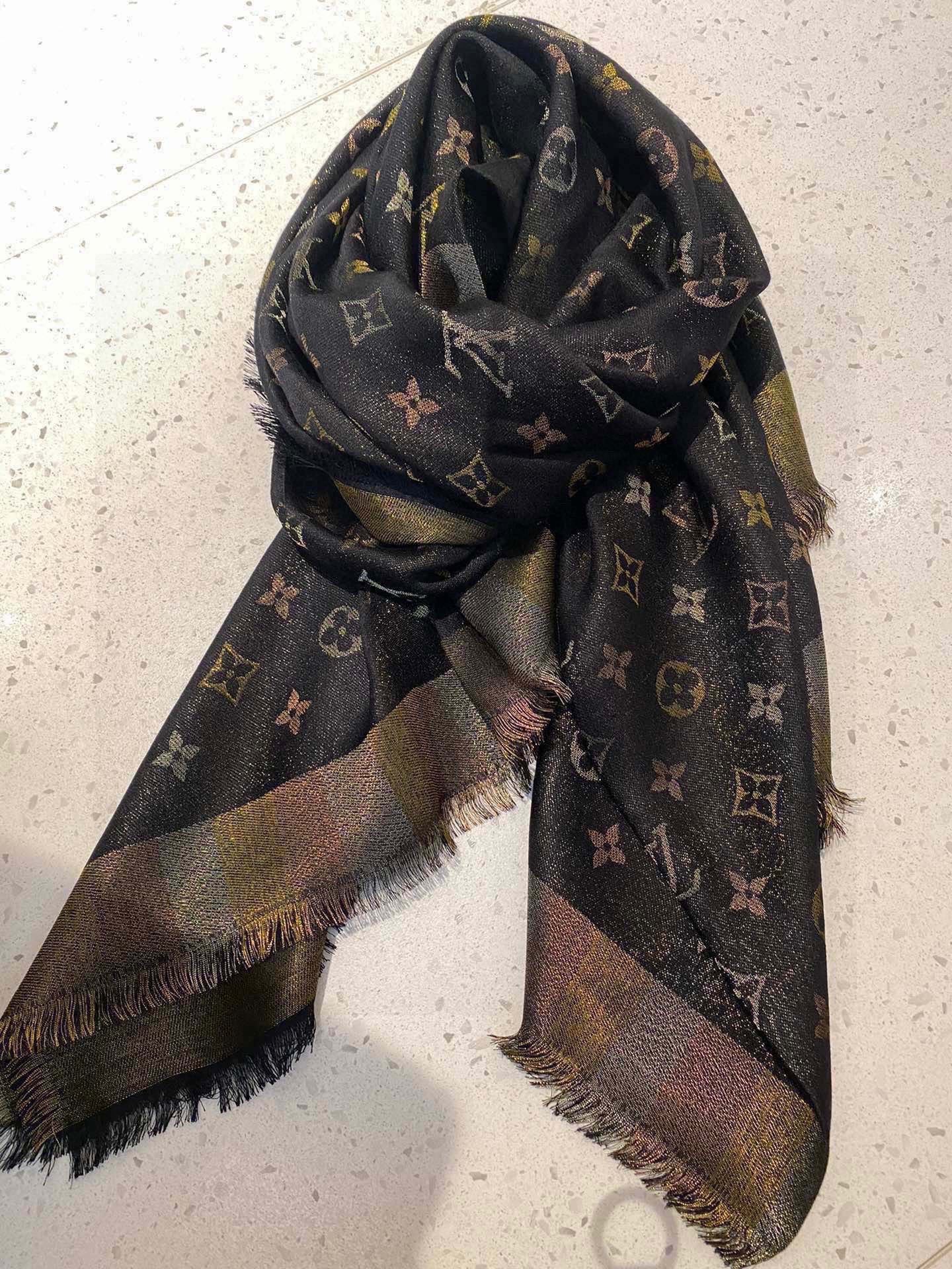 LV Monogram Scarf 140cm Black Beige Silk and Wool 967231